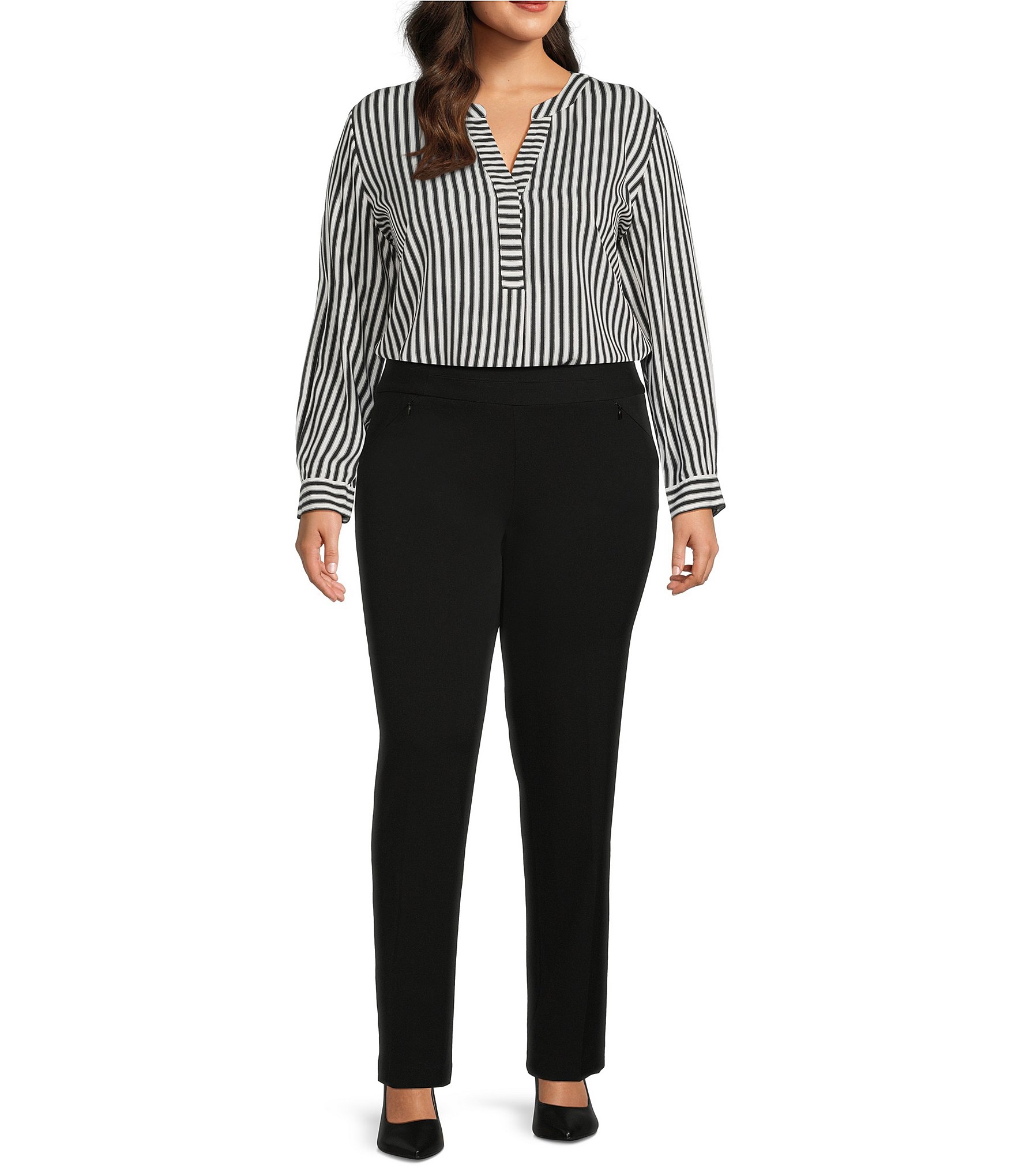 Investments Plus Size Nora Stripe Long Sleeve Y-Neck Drapey Twill Blouse