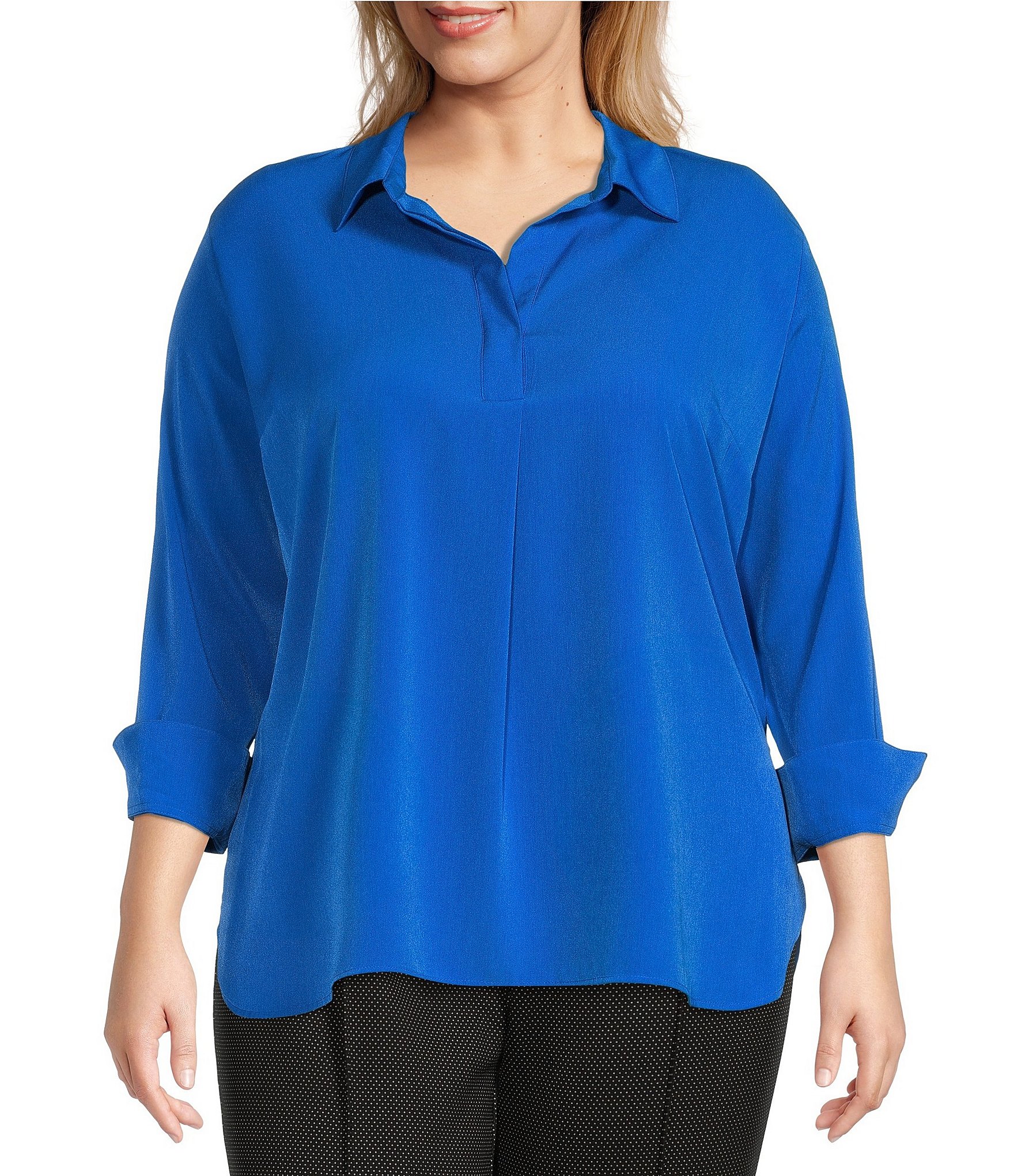 Investments Plus Size Paige Point Collar 3/4 Sleeve Adjustable Cuff Top ...