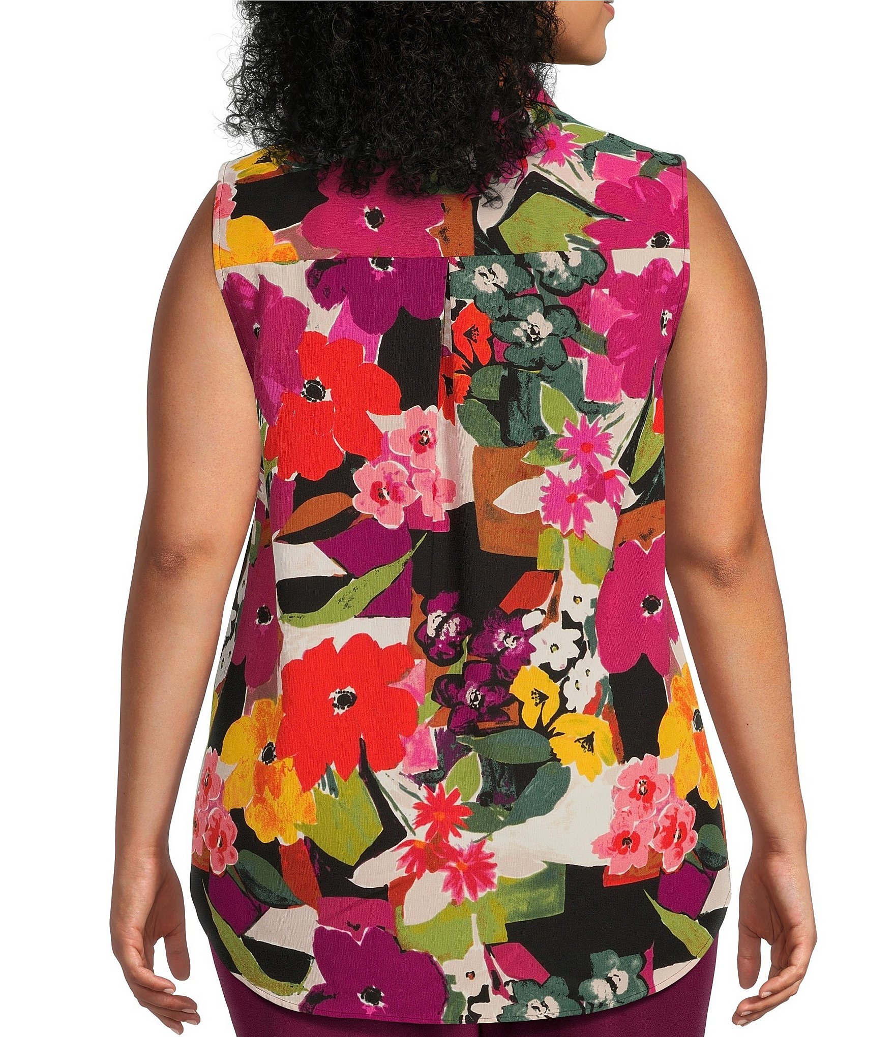 Investments Plus Size Point Collar Floral Sleeveless Button Tie Front Top