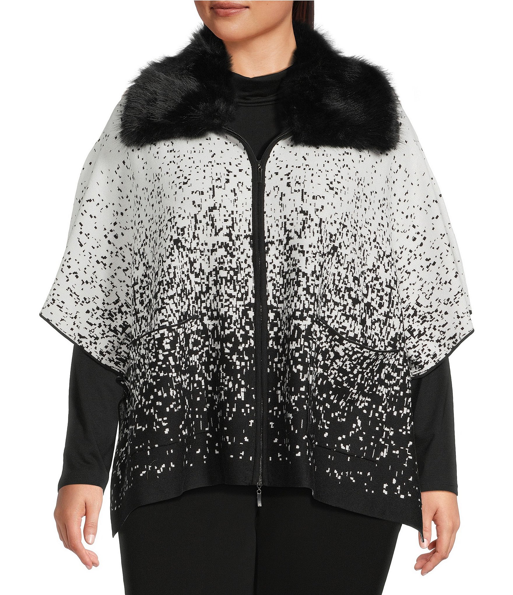 Investments Plus Size Removeable Faux Fur Collar Two-Way Zip Front Salt Pepper Sweater Poncho