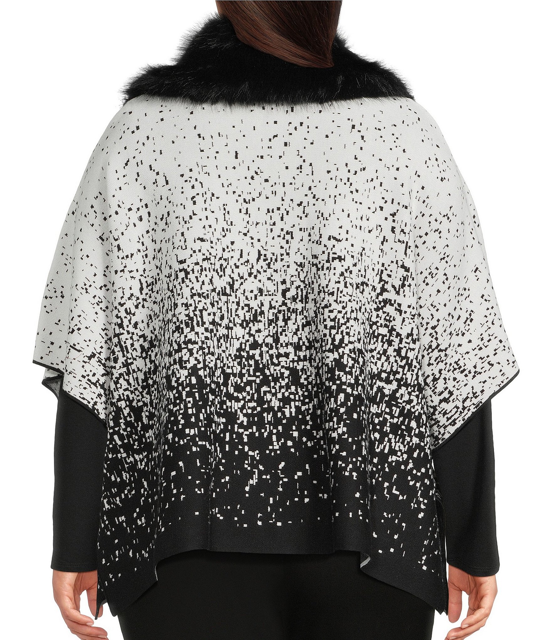 Investments Plus Size Removeable Faux Fur Collar Two-Way Zip Front Salt Pepper Sweater Poncho