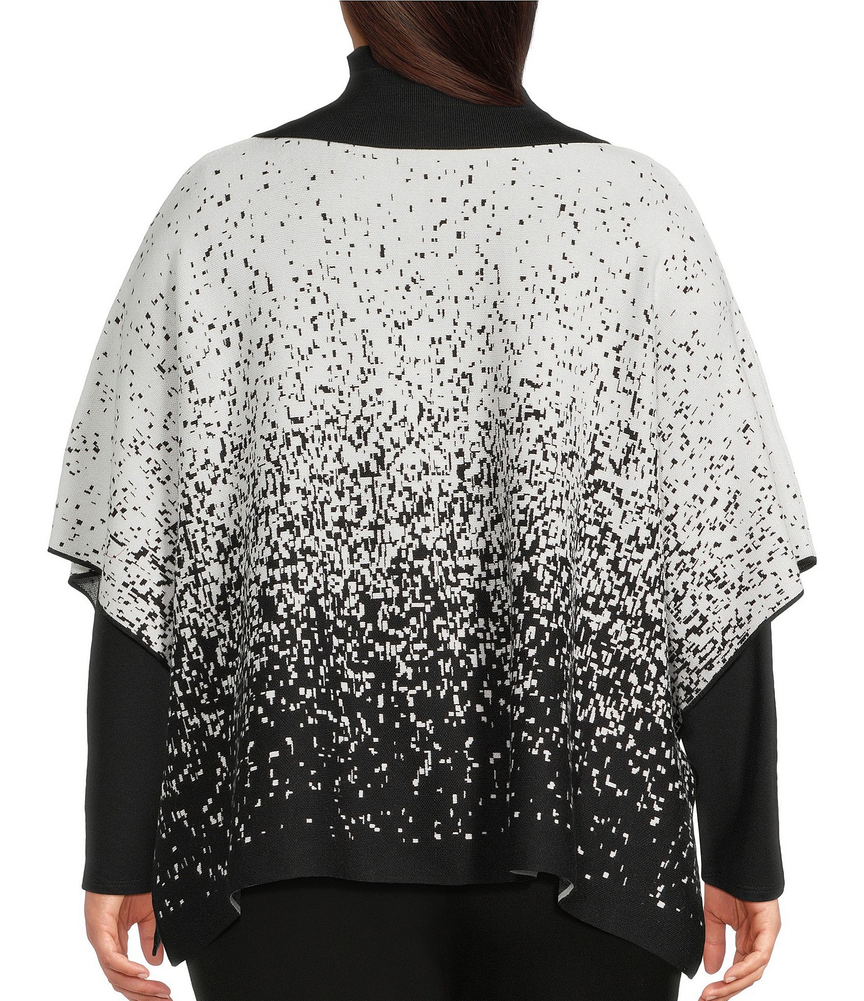 Investments Plus Size Removeable Faux Fur Collar Two-Way Zip Front Salt Pepper Sweater Poncho