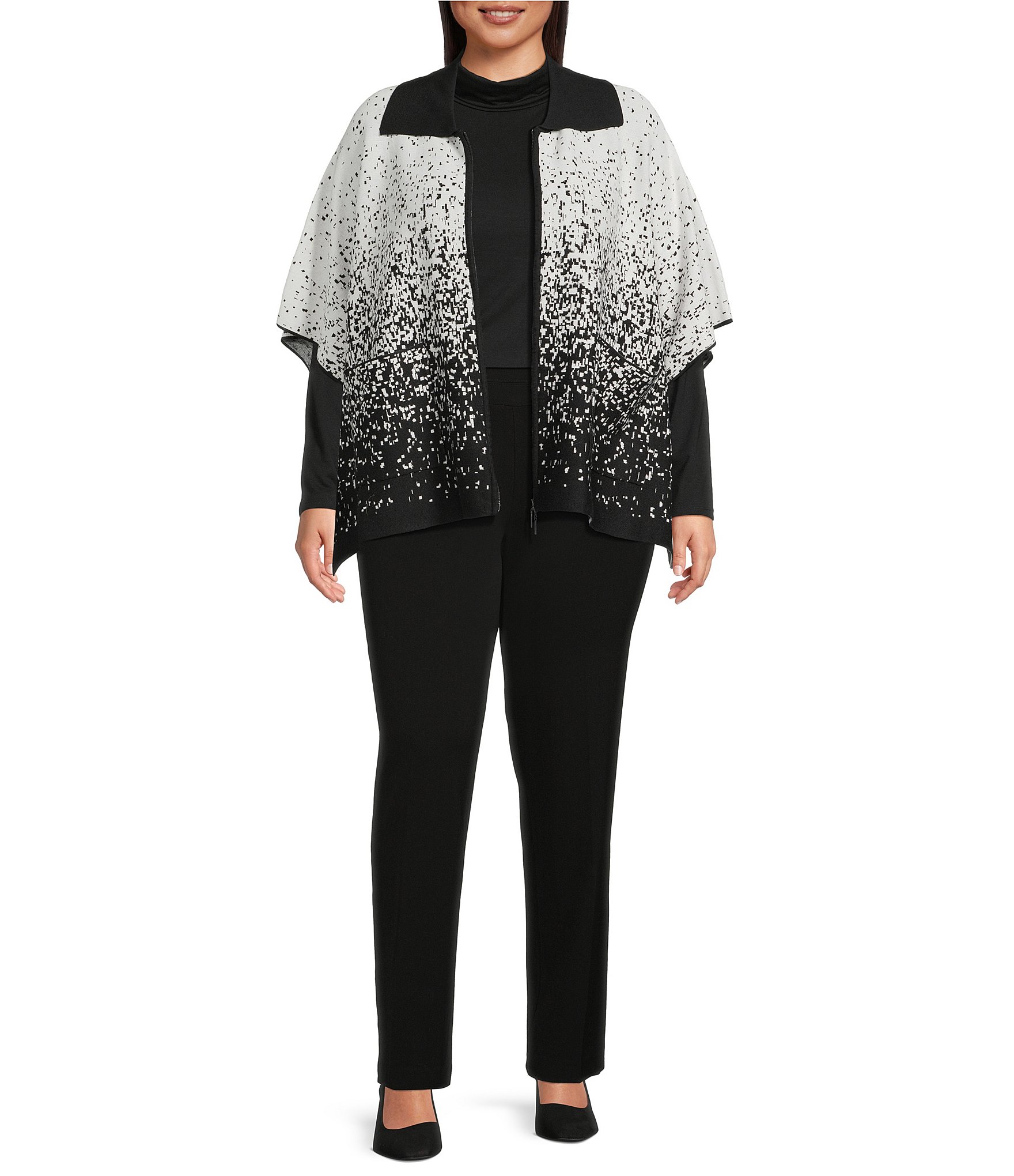 Investments Plus Size Removeable Faux Fur Collar Two-Way Zip Front Salt Pepper Sweater Poncho