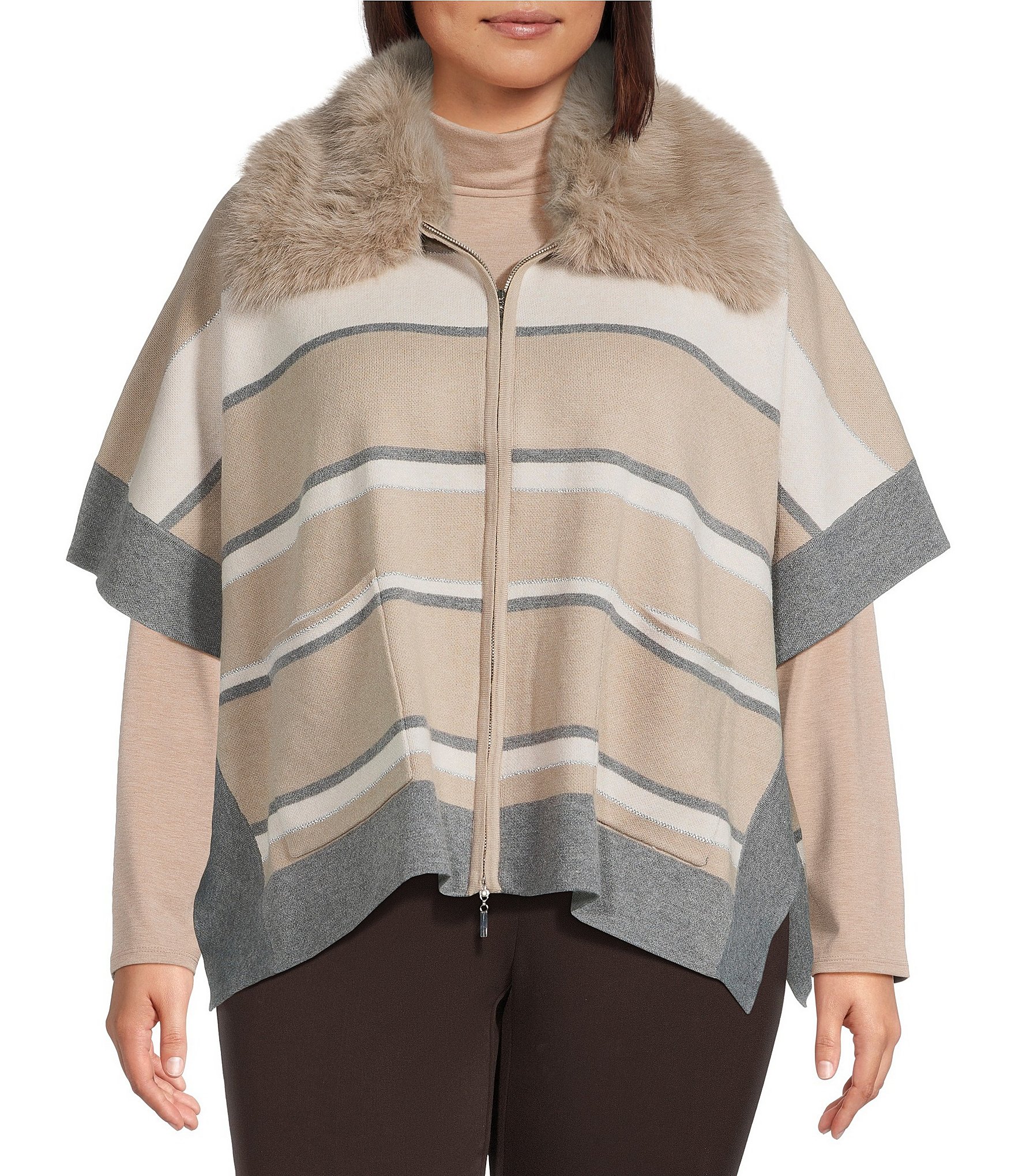 Investments Plus Size Removeable Faux Fur Collar Two-Way Zip Front Stripe Sweater Poncho