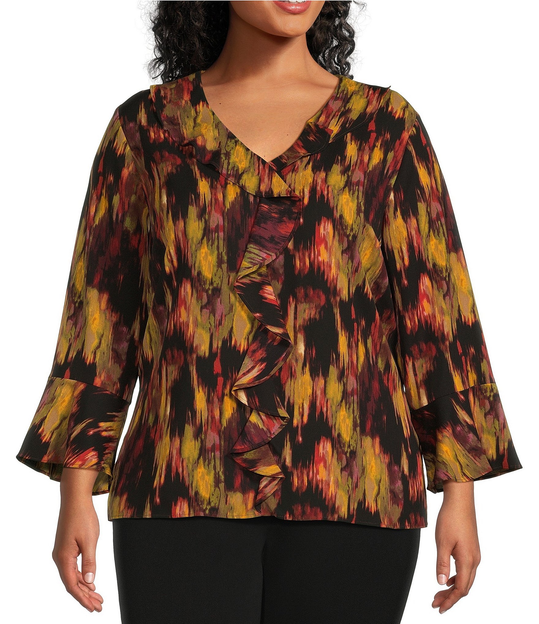 Investments Plus Size Riley Woven Blurred Ikat Print Cascading Ruffled ...