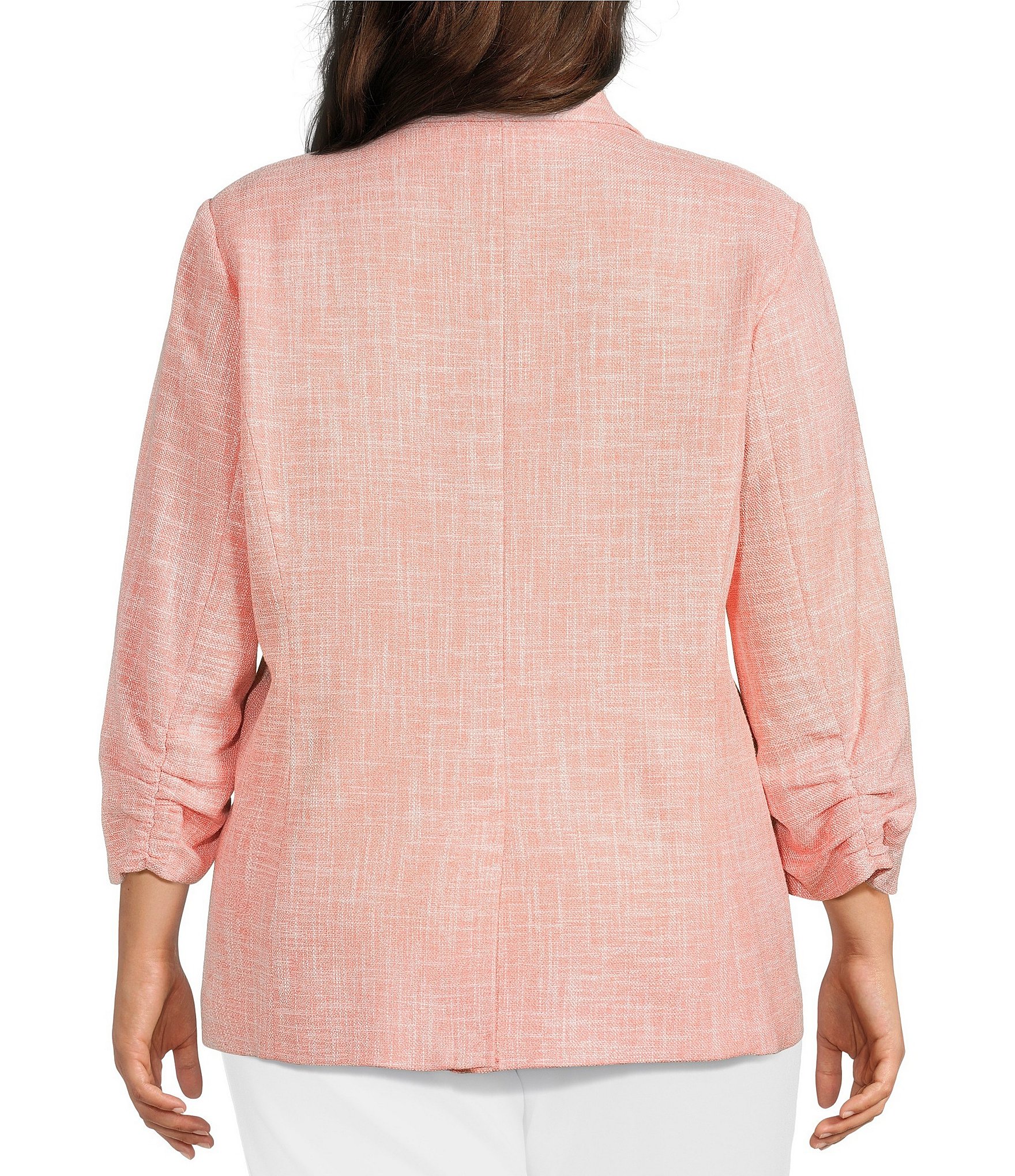 Investments Plus Size Scratch Pattern 3/4 Ruched Sleeve Notch Lapel Lined Button Front Blazer