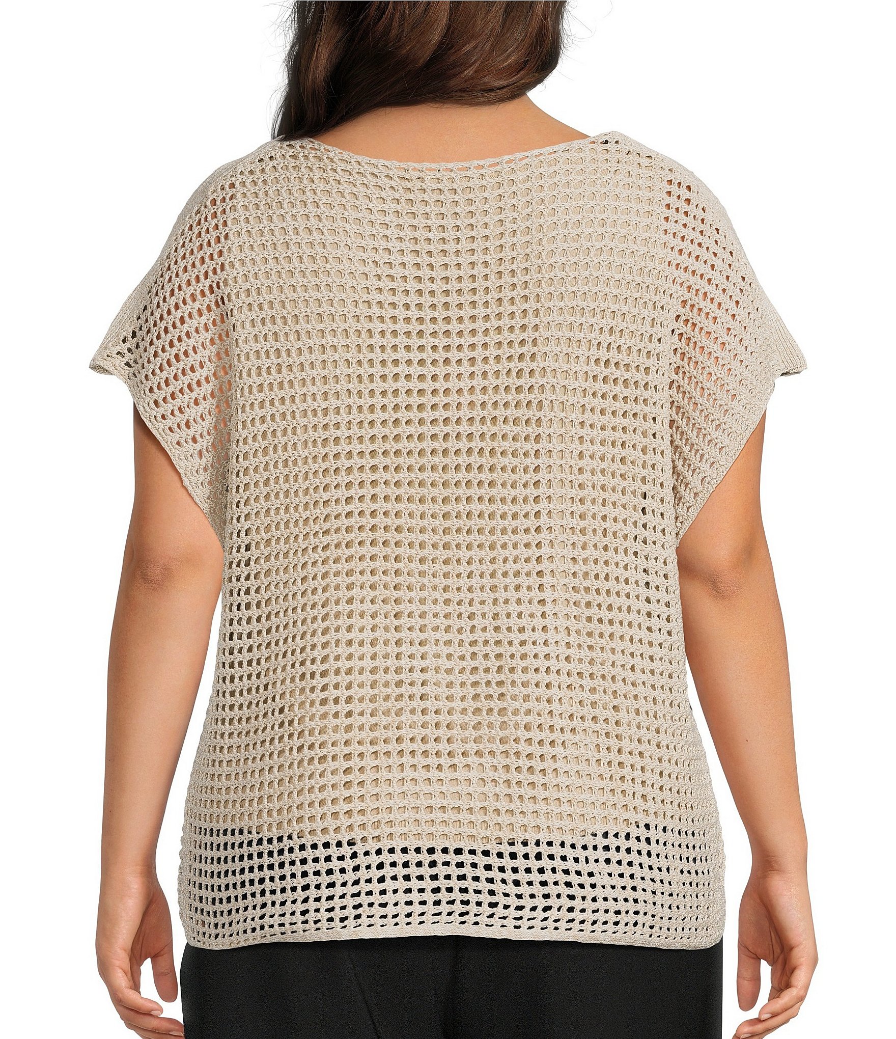 Investments Plus Size Short Sleeve Crew Neck Open Stitch Top