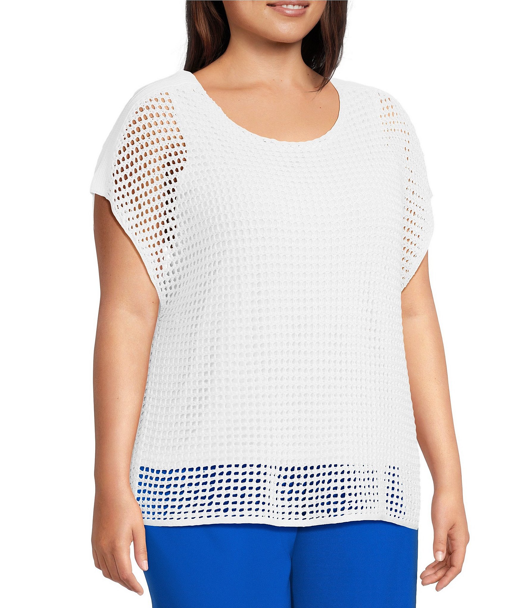 Investments Plus Size Short Sleeve Crew Neck Open Stitch Top