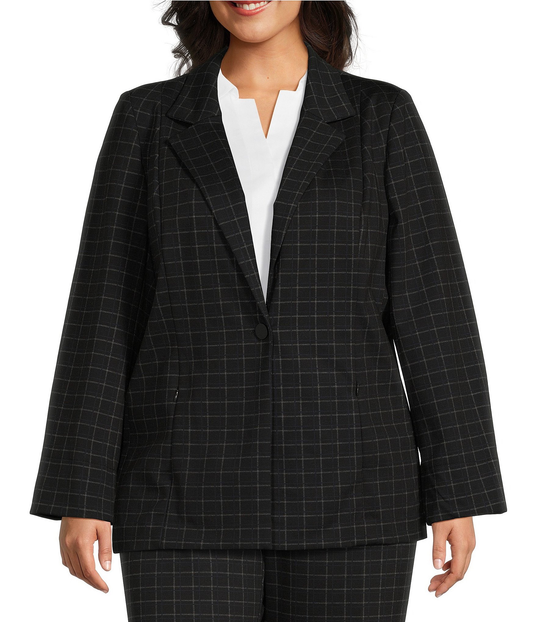 Investments Plus Size Signature Ponte Windowpane Long Sleeve One Button ...