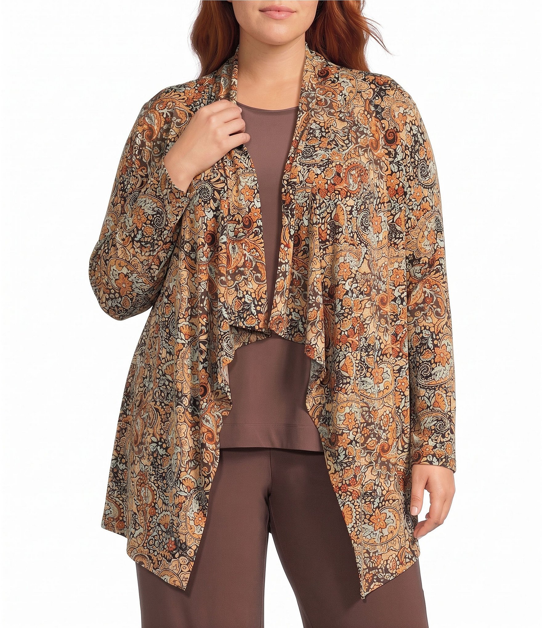Investments Plus Size Soft Separates Black/Pinecone Painted Paisley Print Long Sleeve Open Front Jacket