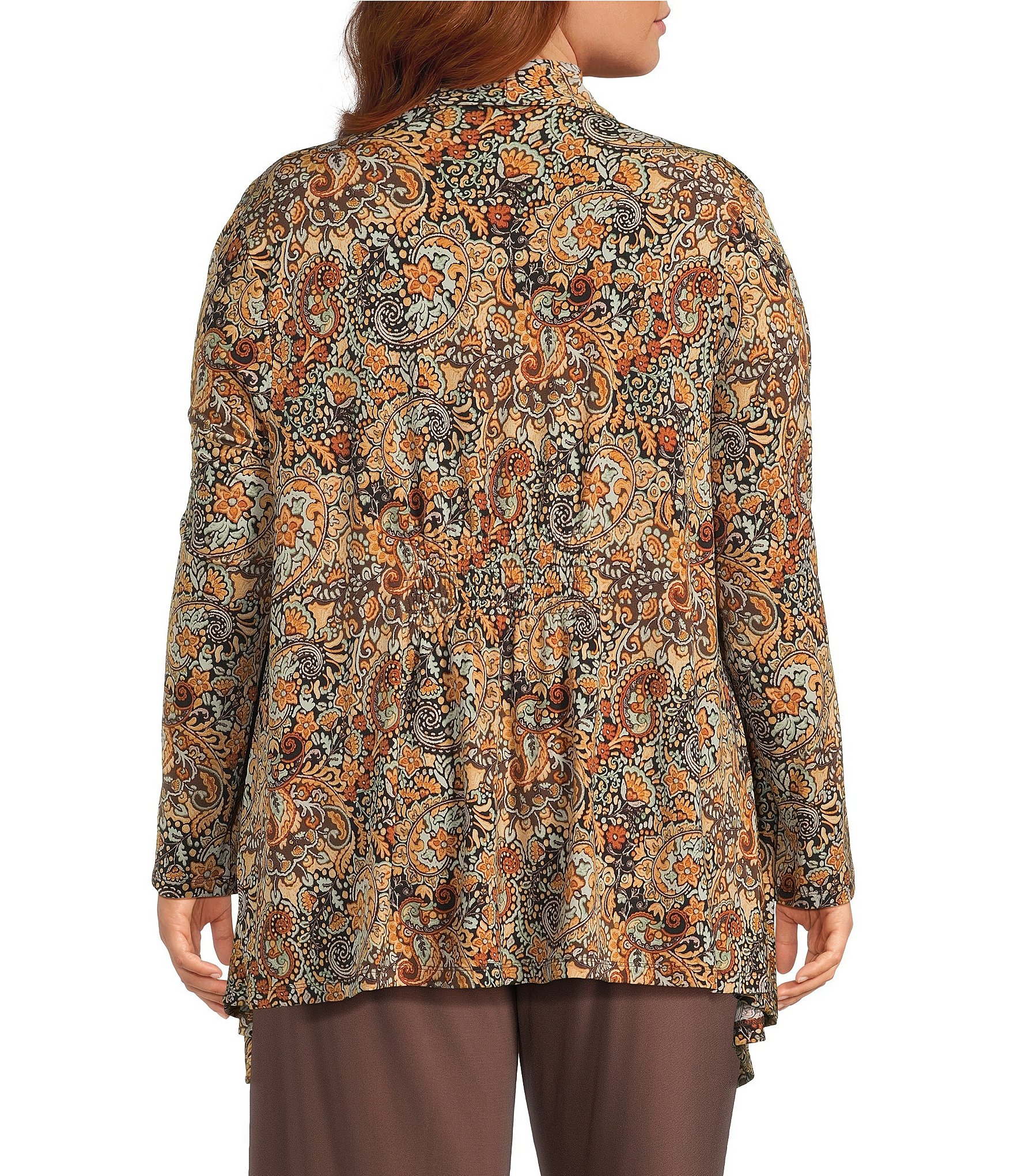 Investments Plus Size Soft Separates Black/Pinecone Painted Paisley Print Long Sleeve Open Front Jacket