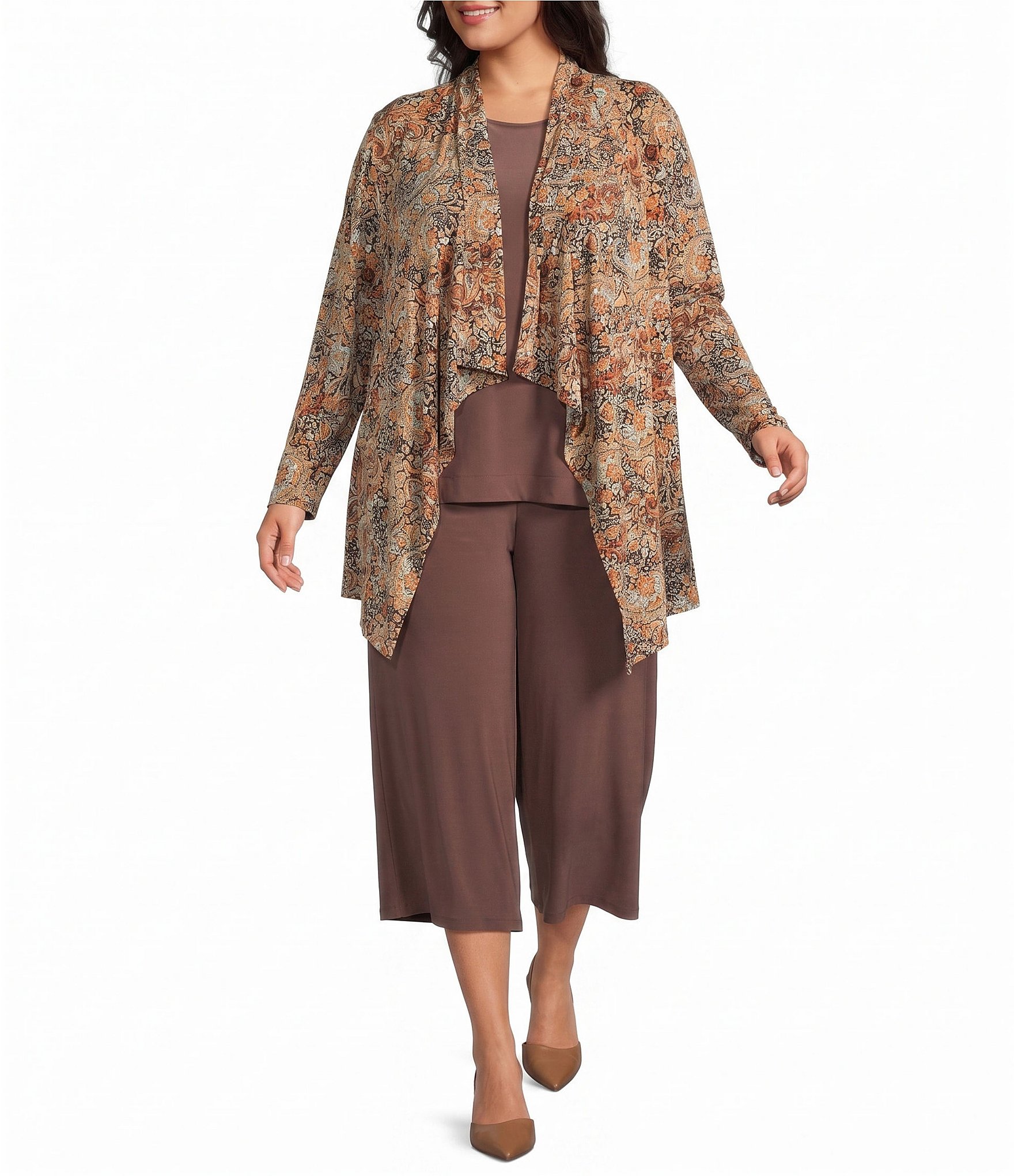 Investments Plus Size Soft Separates Black/Pinecone Painted Paisley Print Long Sleeve Open Front Jacket