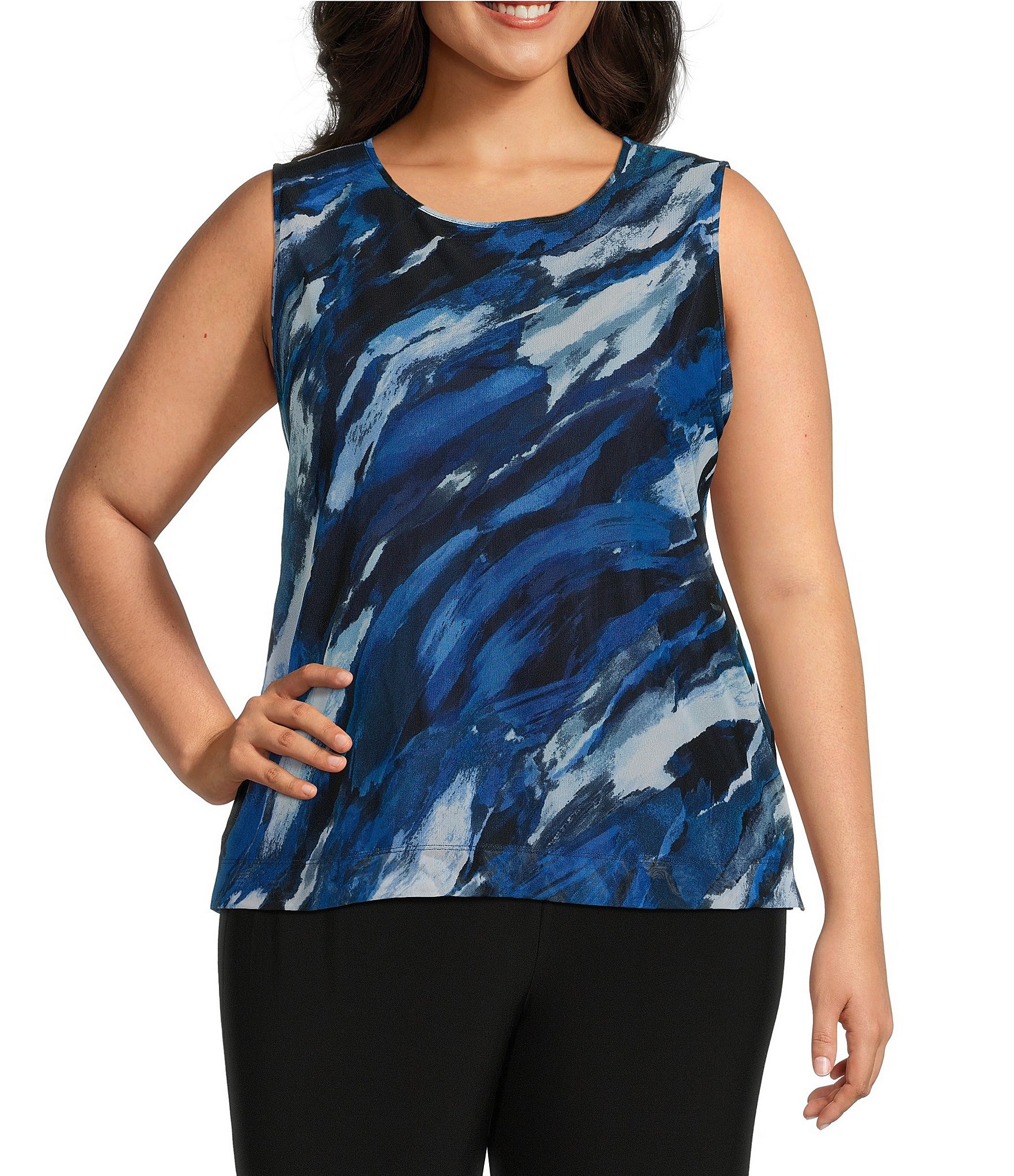 Investments Plus Size Soft Separates Marbled Sky Mesh Crew Neck Tank Top