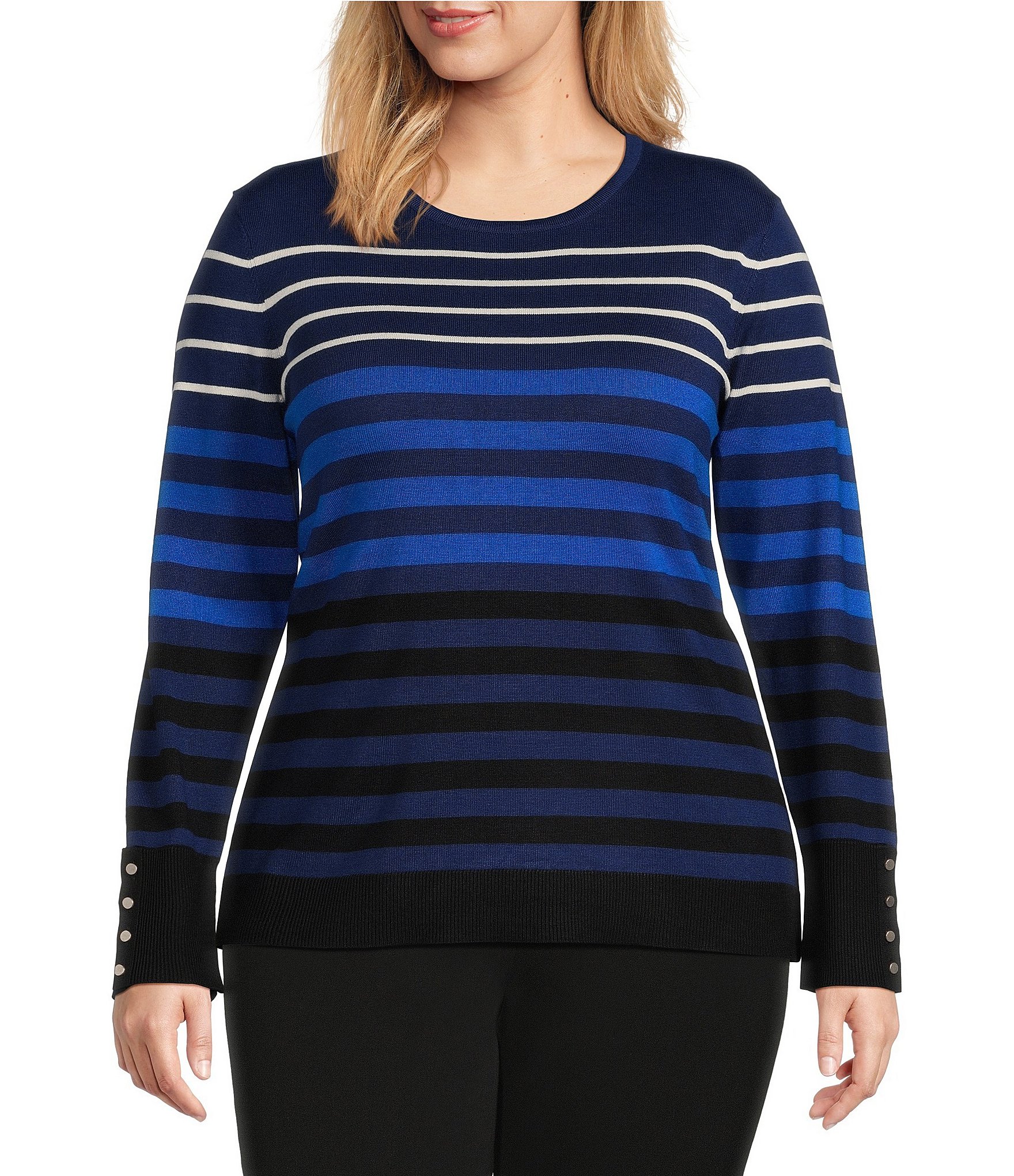 Investments Plus Size Stripe Crew Neck Long Sleeve Button Cuff Sweater ...