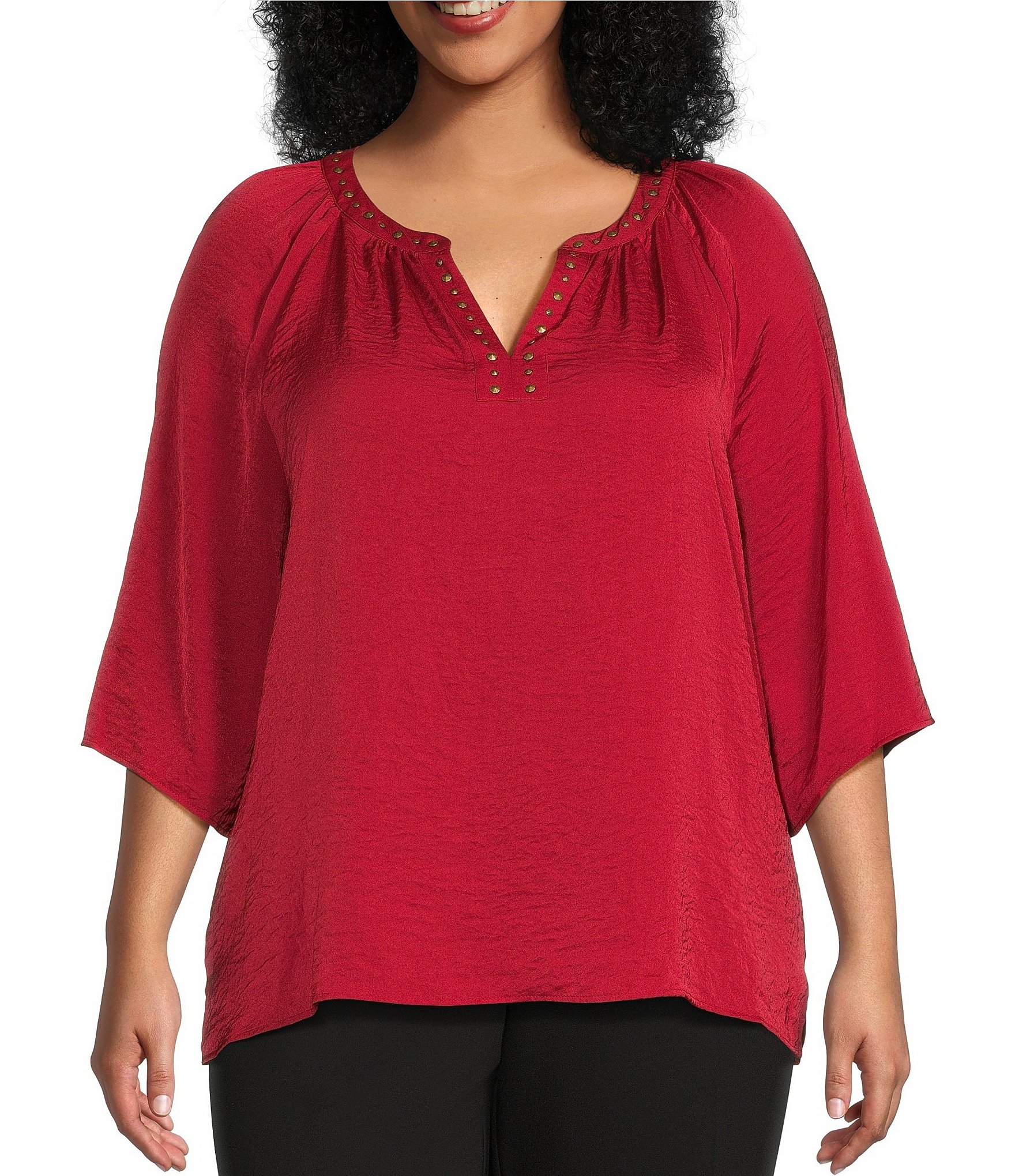 Investments Plus Size Woven 3/4 Flutter Sleeve V-Neck Top | Dillard's