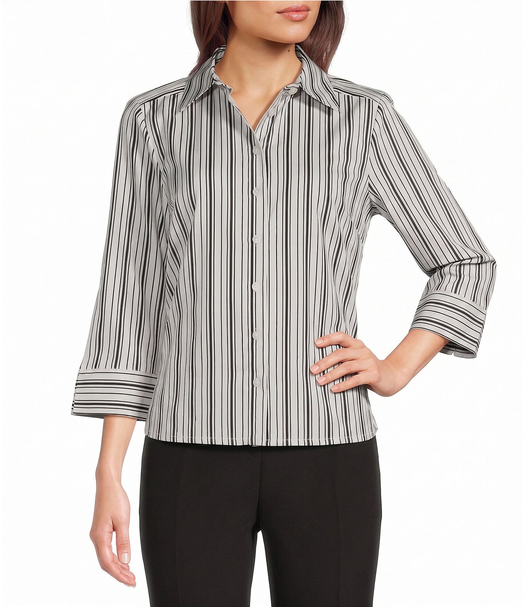 Investments Rachel Black/White Stripe Print 3/4 Sleeve Point Collar Button Front Shirt