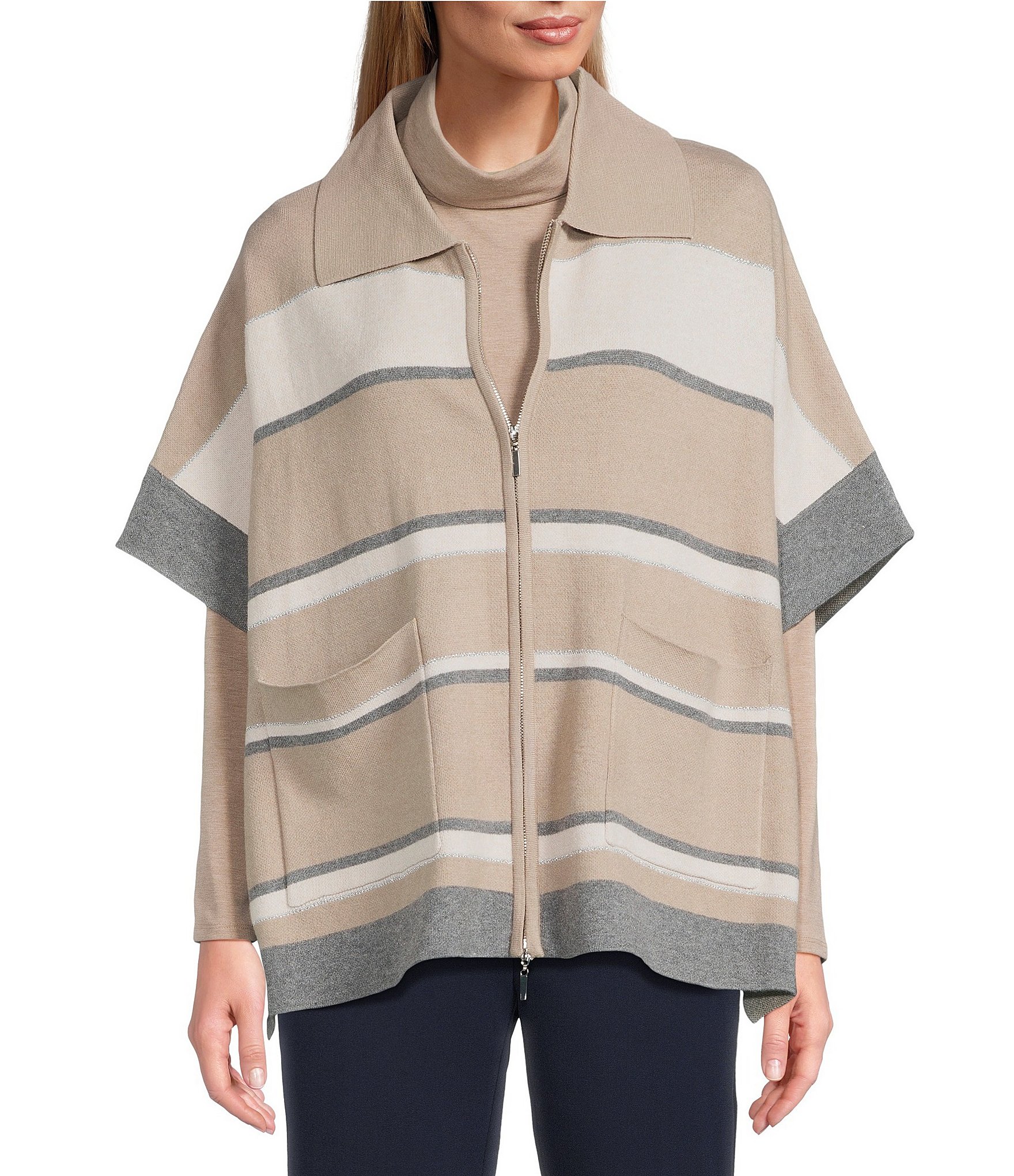 Investments Removeable Faux Fur Collar Two-Way Zip Front Stripe Sweater Poncho