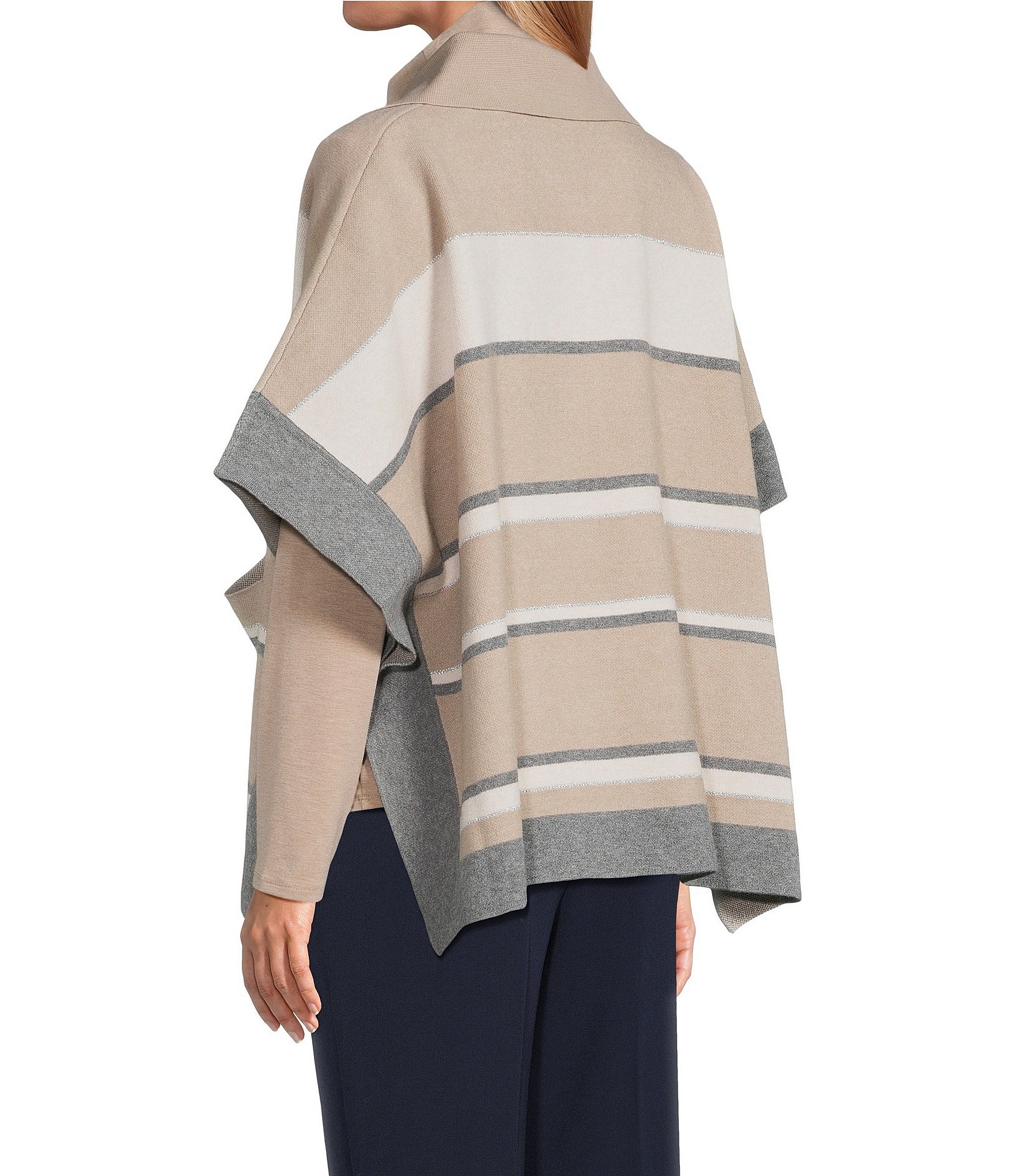 Investments Removeable Faux Fur Collar Two-Way Zip Front Stripe Sweater Poncho