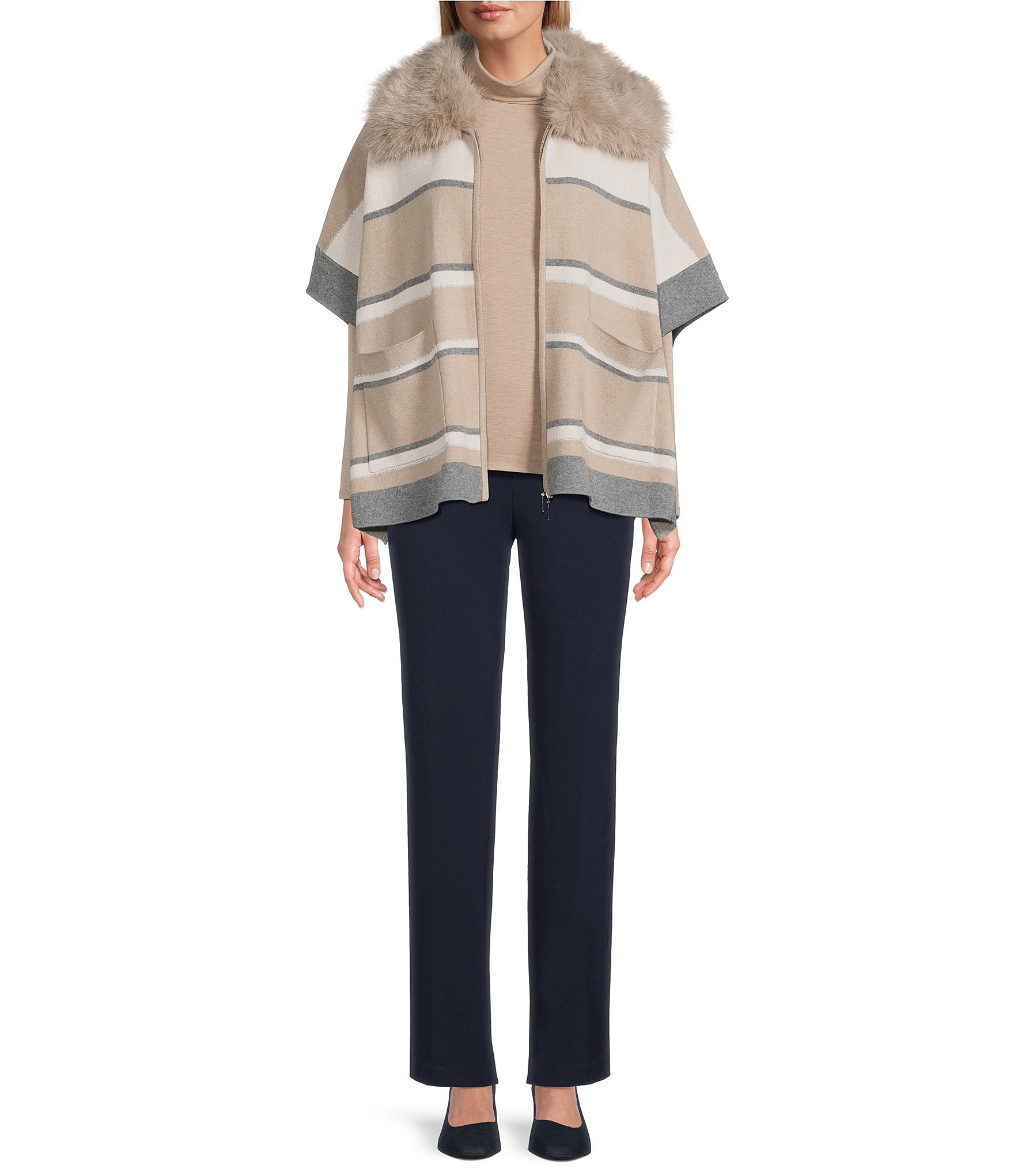 Investments Removeable Faux Fur Collar Two-Way Zip Front Stripe Sweater Poncho