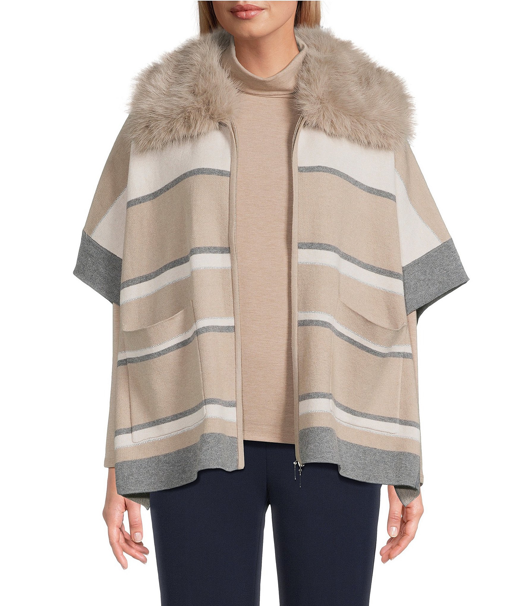 Investments Removeable Faux Fur Collar Two-Way Zip Front Stripe Sweater Poncho