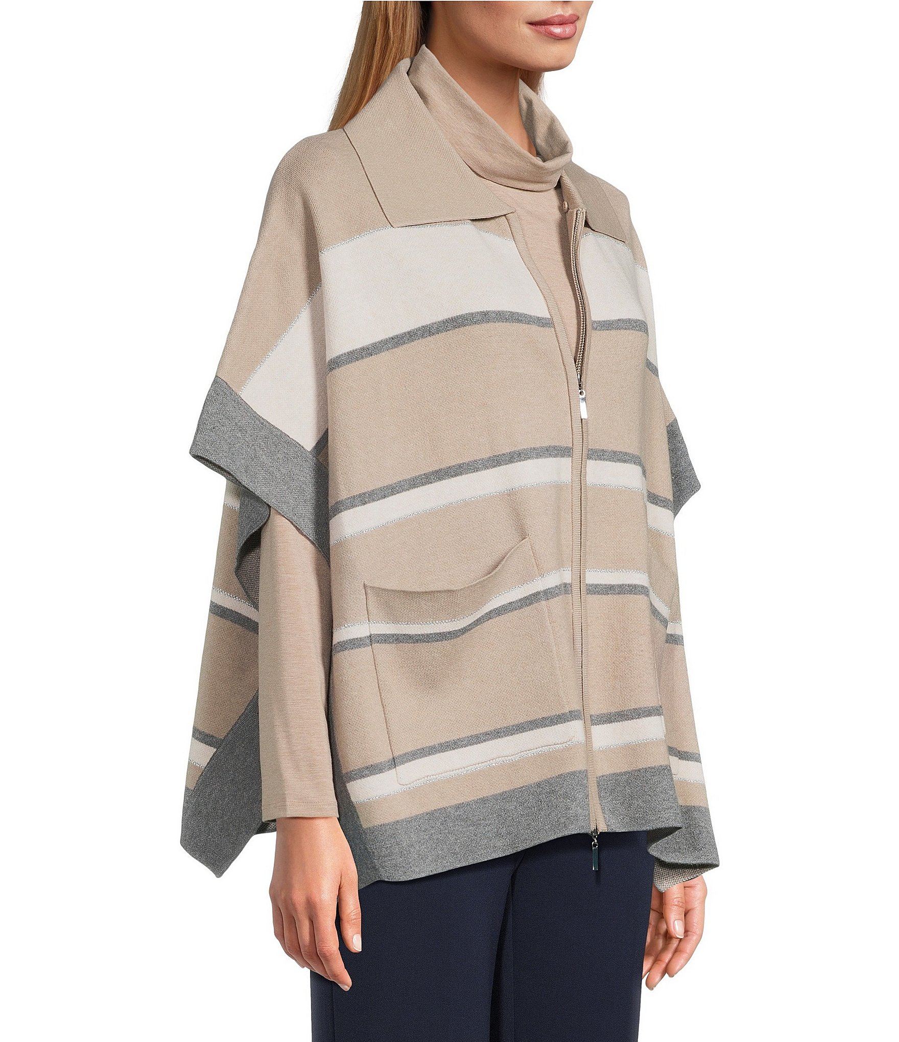 Investments Removeable Faux Fur Collar Two-Way Zip Front Stripe Sweater Poncho