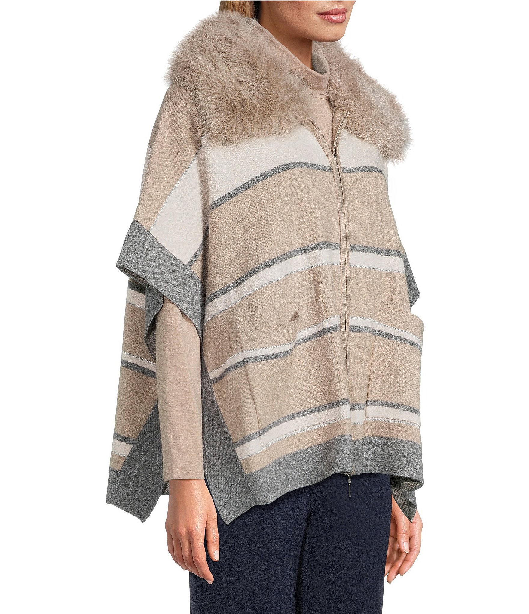Investments Removeable Faux Fur Collar Two-Way Zip Front Stripe Sweater Poncho