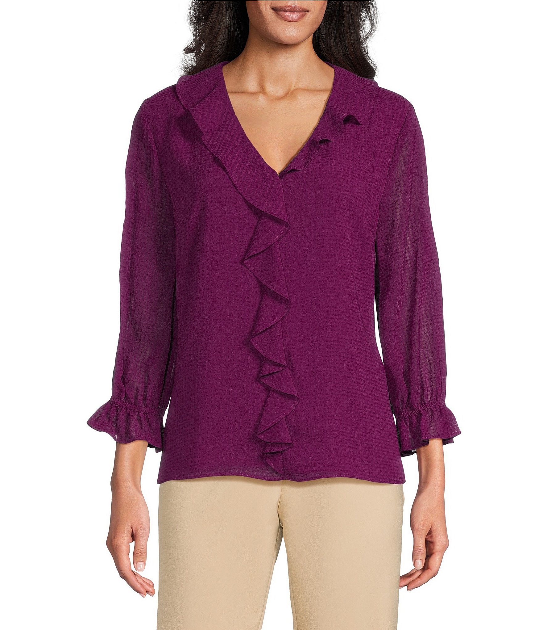 Investments Riley Woven Cascading Ruffle V-Neck 3/4 Sleeve Top