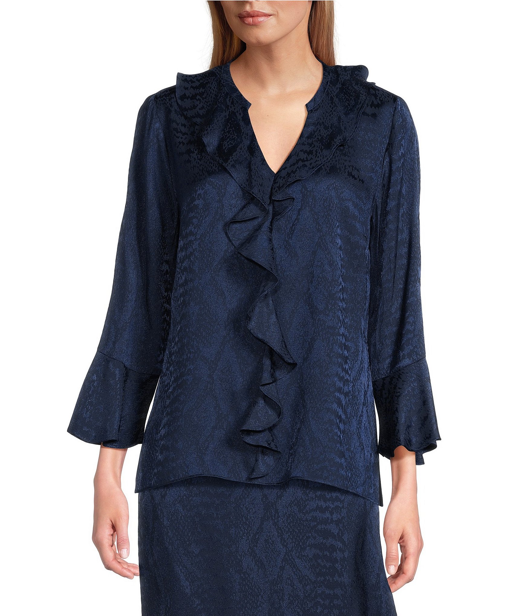 Investments Riley Woven Python Print Cascading Ruffle Y-Neck Long Sleeve Coordinating Top