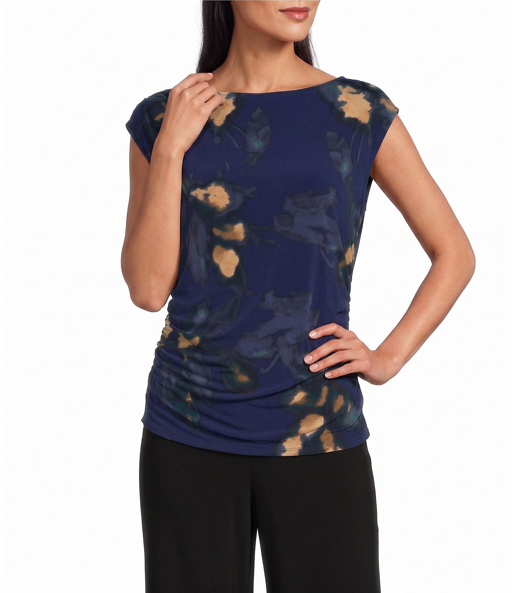 Investments Soft Separates Multi Exploded Floral Print Boat Neck Ruched Cap Sleeve Top