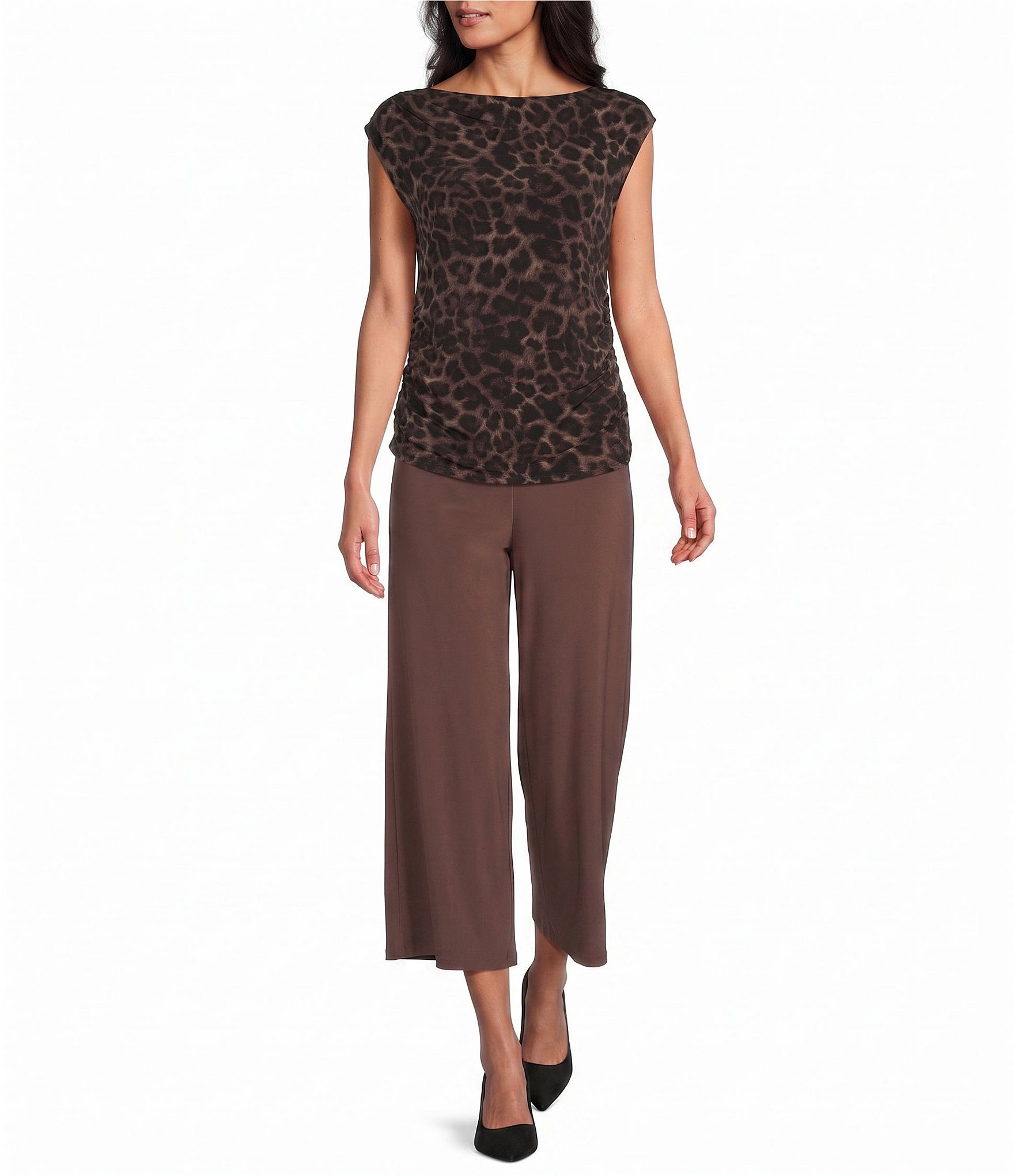 Investments Soft Separates Pinecone True Leopard Print Crew Neck Ruched Cap Sleeve Top