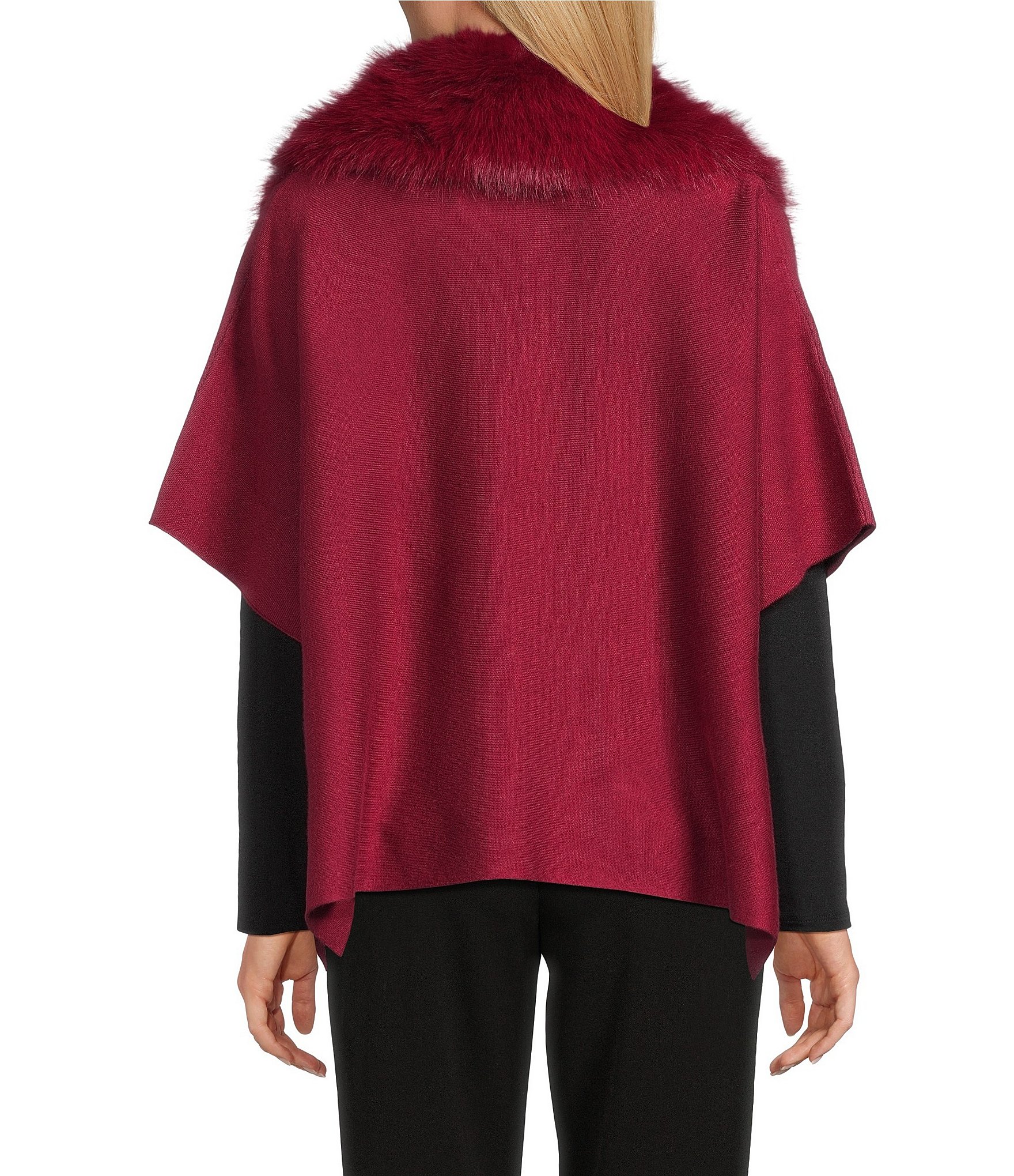 Investments Solid Removeable Faux Fur Collar Two-Way Zip Front Sweater Poncho