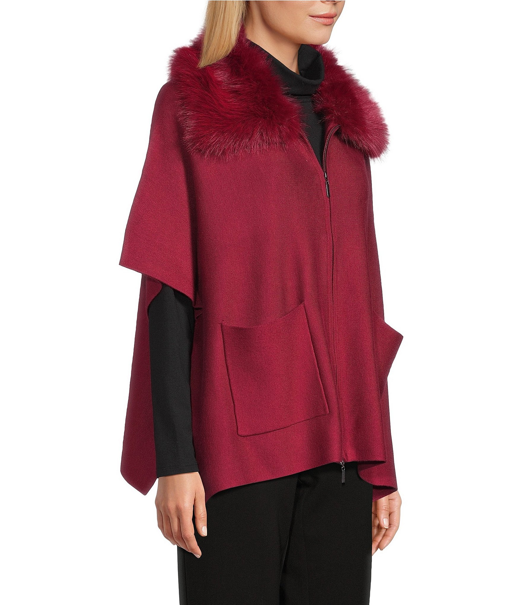 Investments Solid Removeable Faux Fur Collar Two-Way Zip Front Sweater Poncho