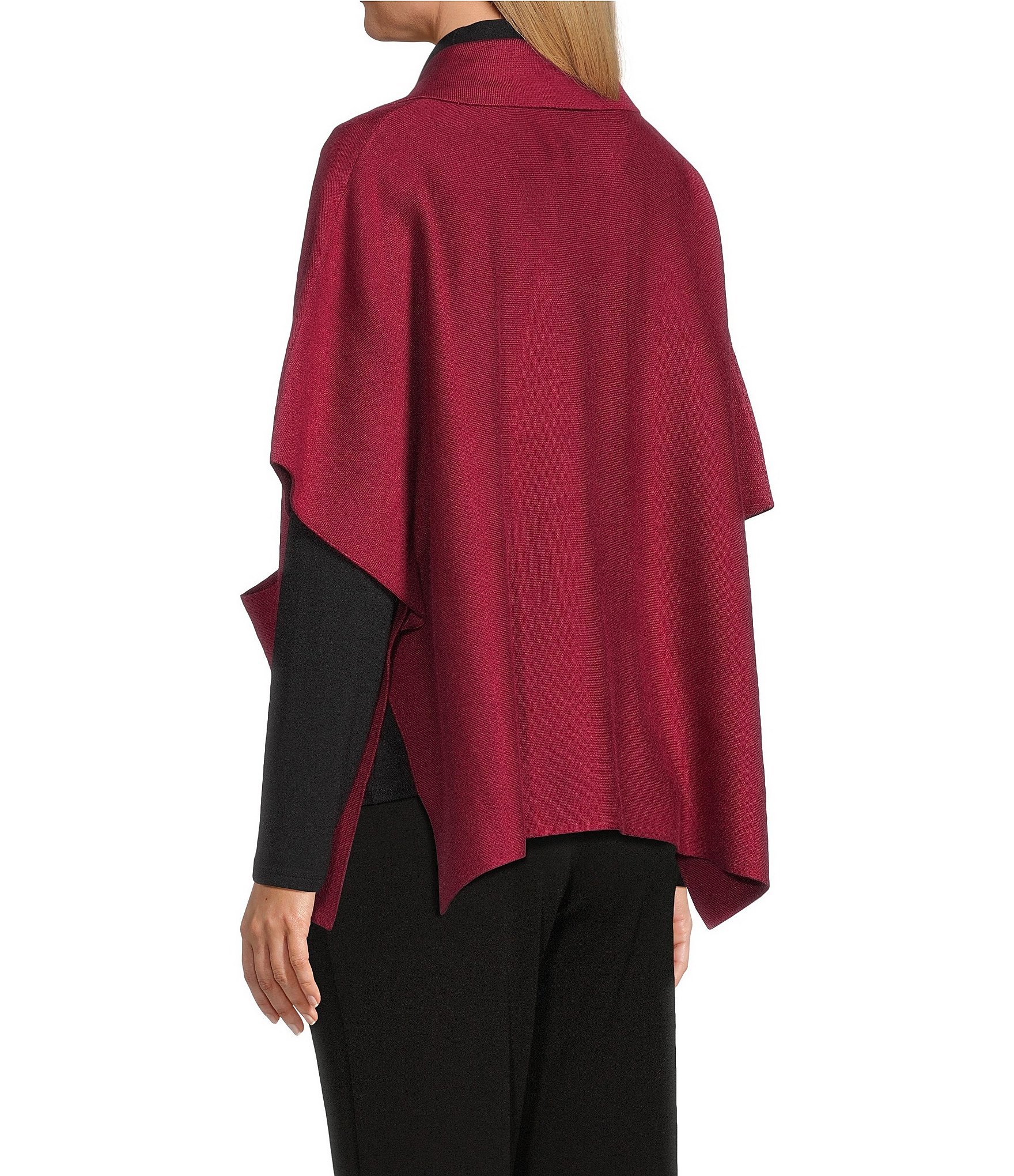 Investments Solid Removeable Faux Fur Collar Two-Way Zip Front Sweater Poncho