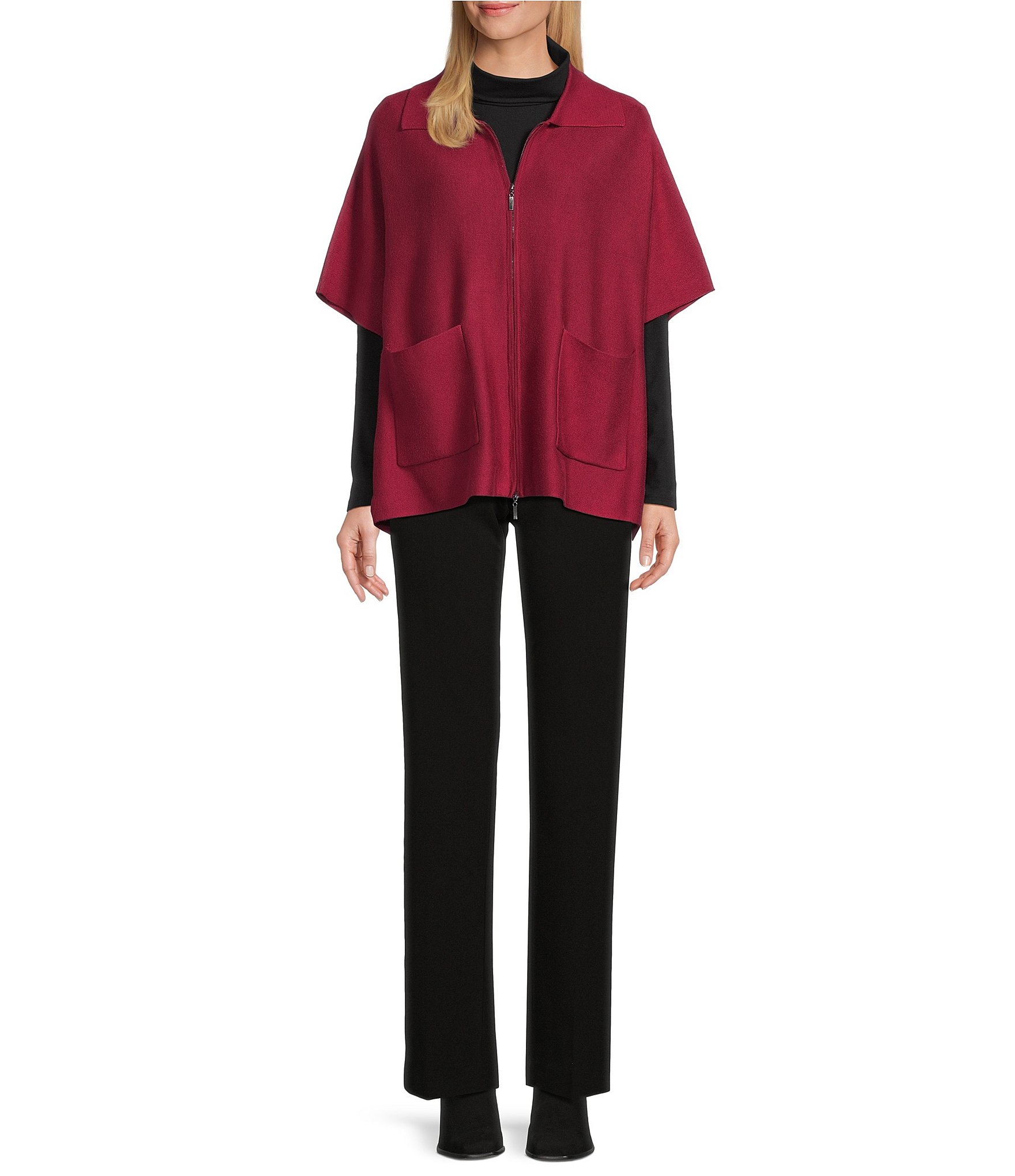 Investments Solid Removeable Faux Fur Collar Two-Way Zip Front Sweater Poncho