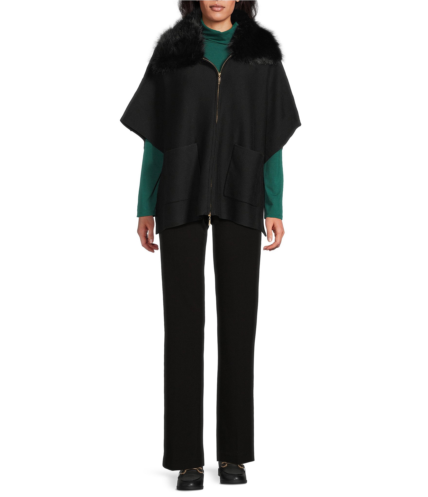 Investments Solid Removeable Faux Fur Collar Two-Way Zip Front Sweater Poncho