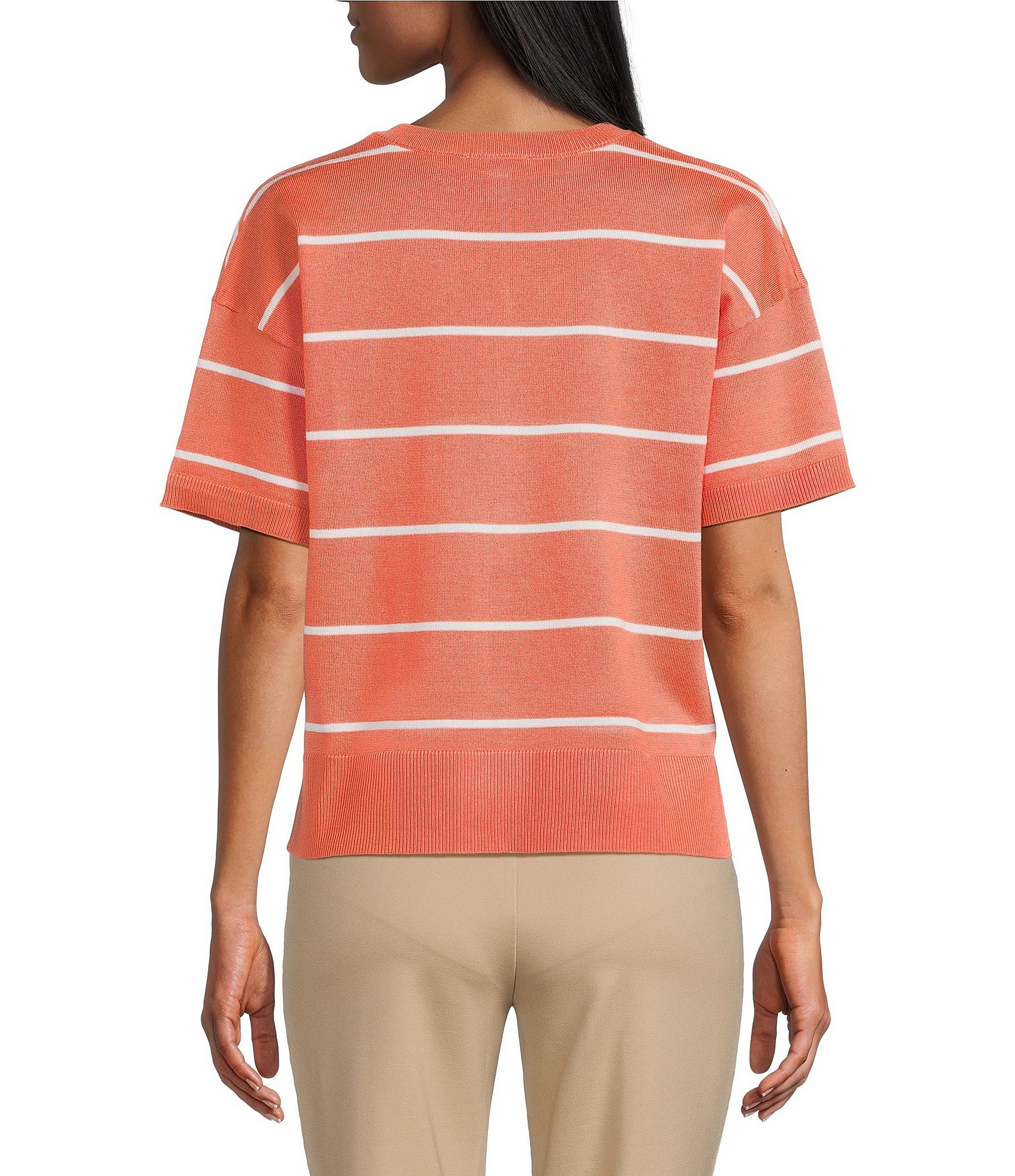Investments Striped 3/4 Sleeve V-Neck Ribbed Trim Sweater