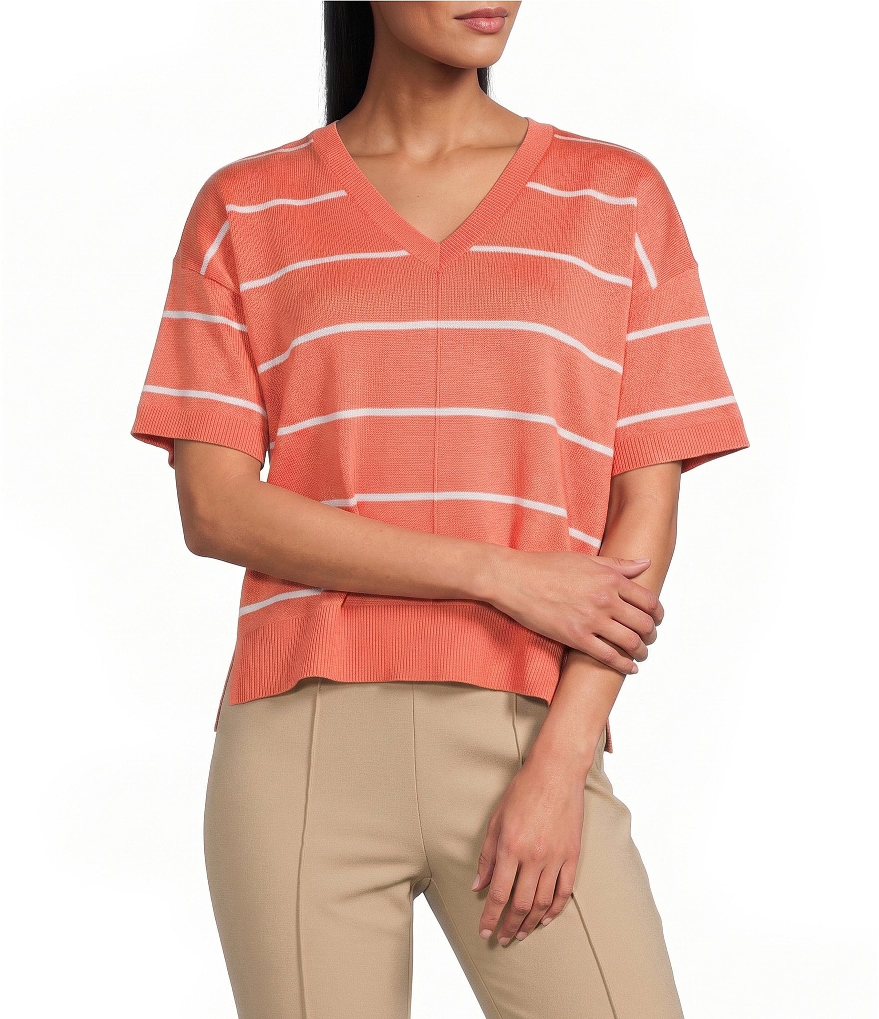Investments Striped 3/4 Sleeve V-Neck Ribbed Trim Sweater