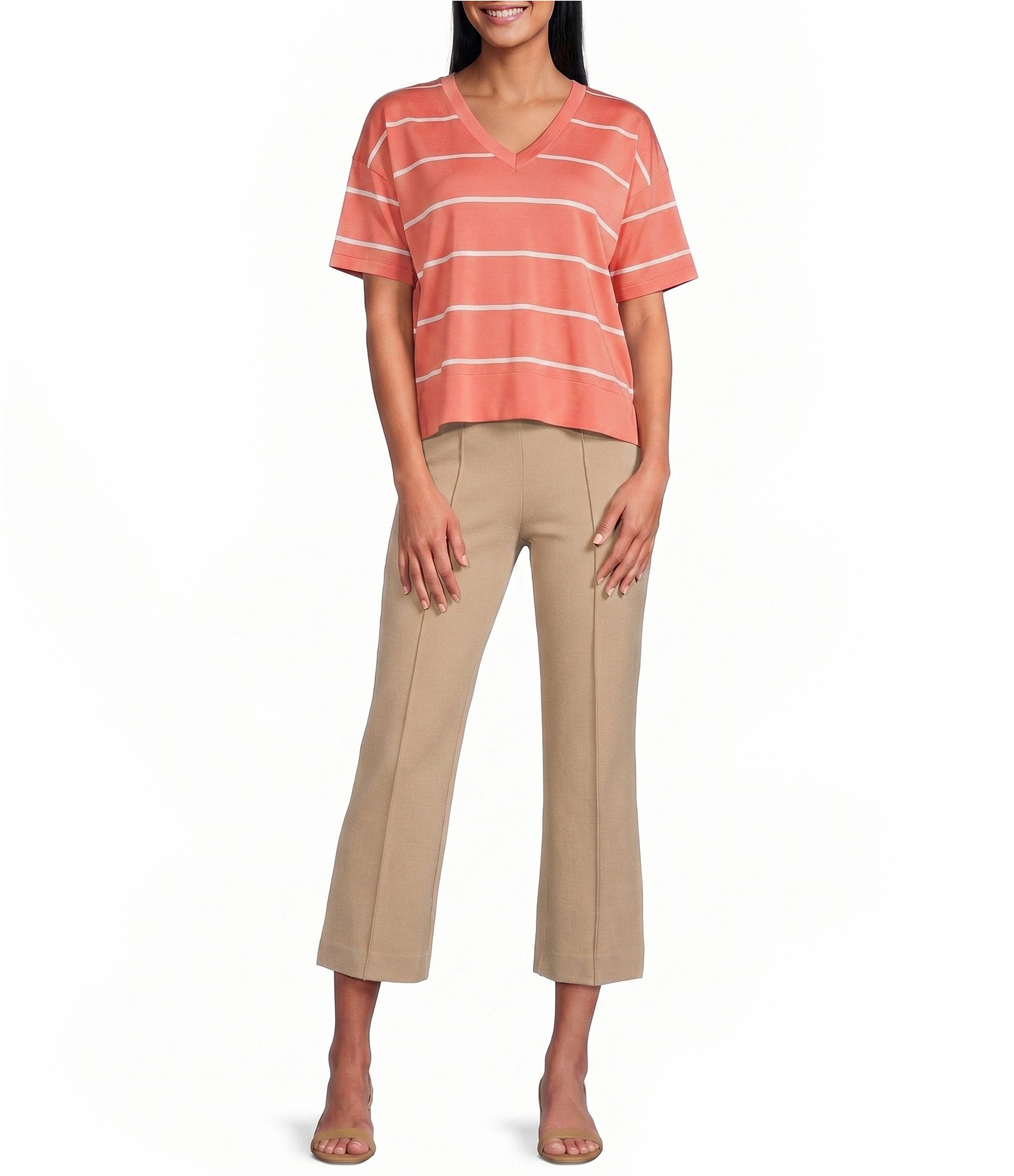 Investments Striped 3/4 Sleeve V-Neck Ribbed Trim Sweater