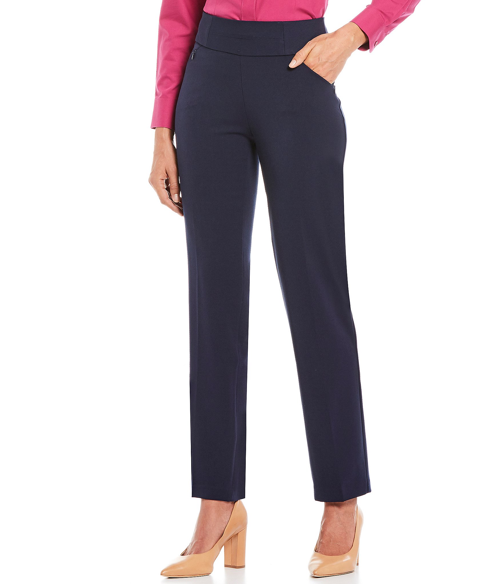 Ladies Mid Rise Soft Business Office Trousers FREE Belt Navy Blue Size 8-22 