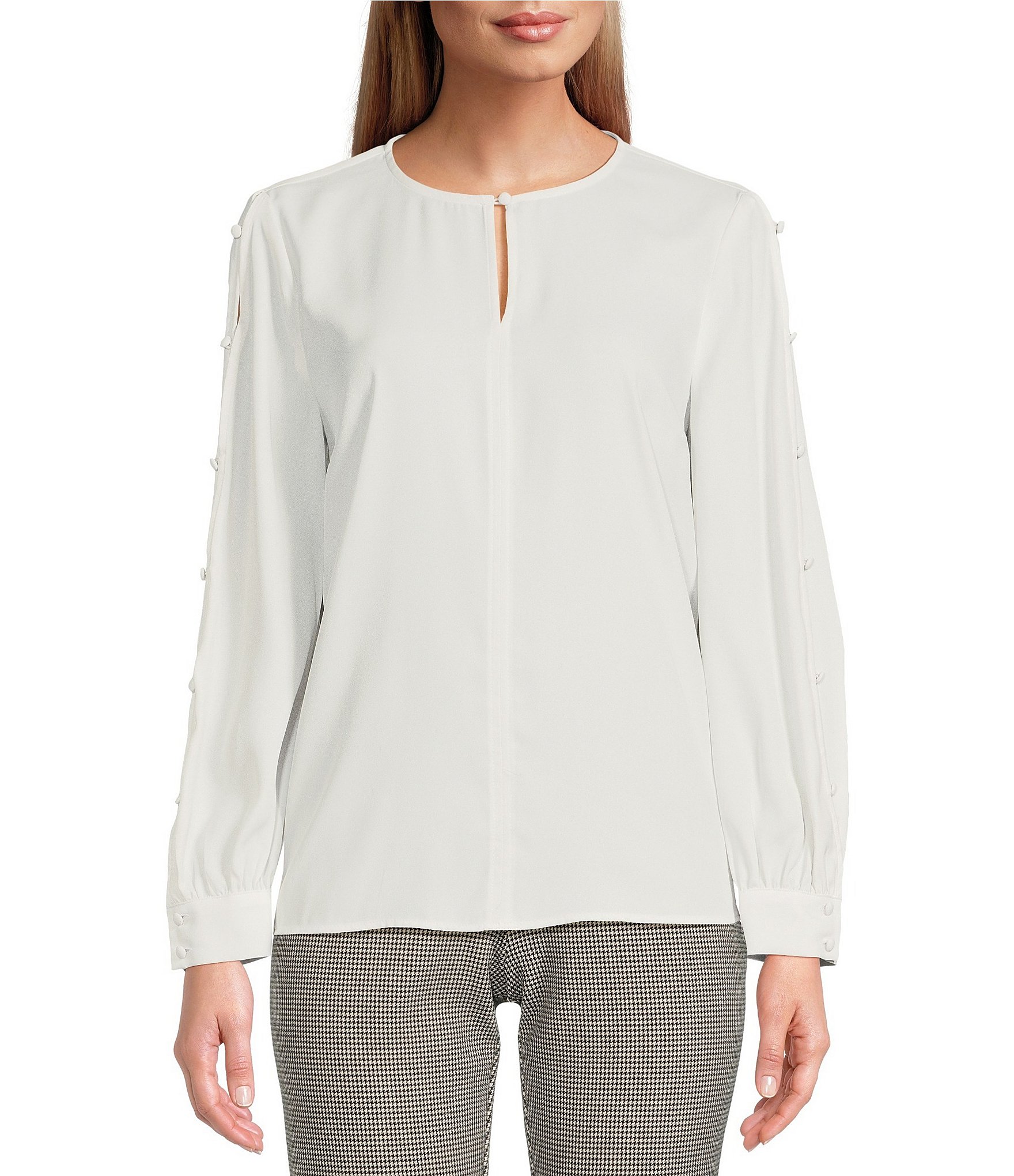 Investments Woven Long Sleeve Button Detail Round Neck Top | Dillard's