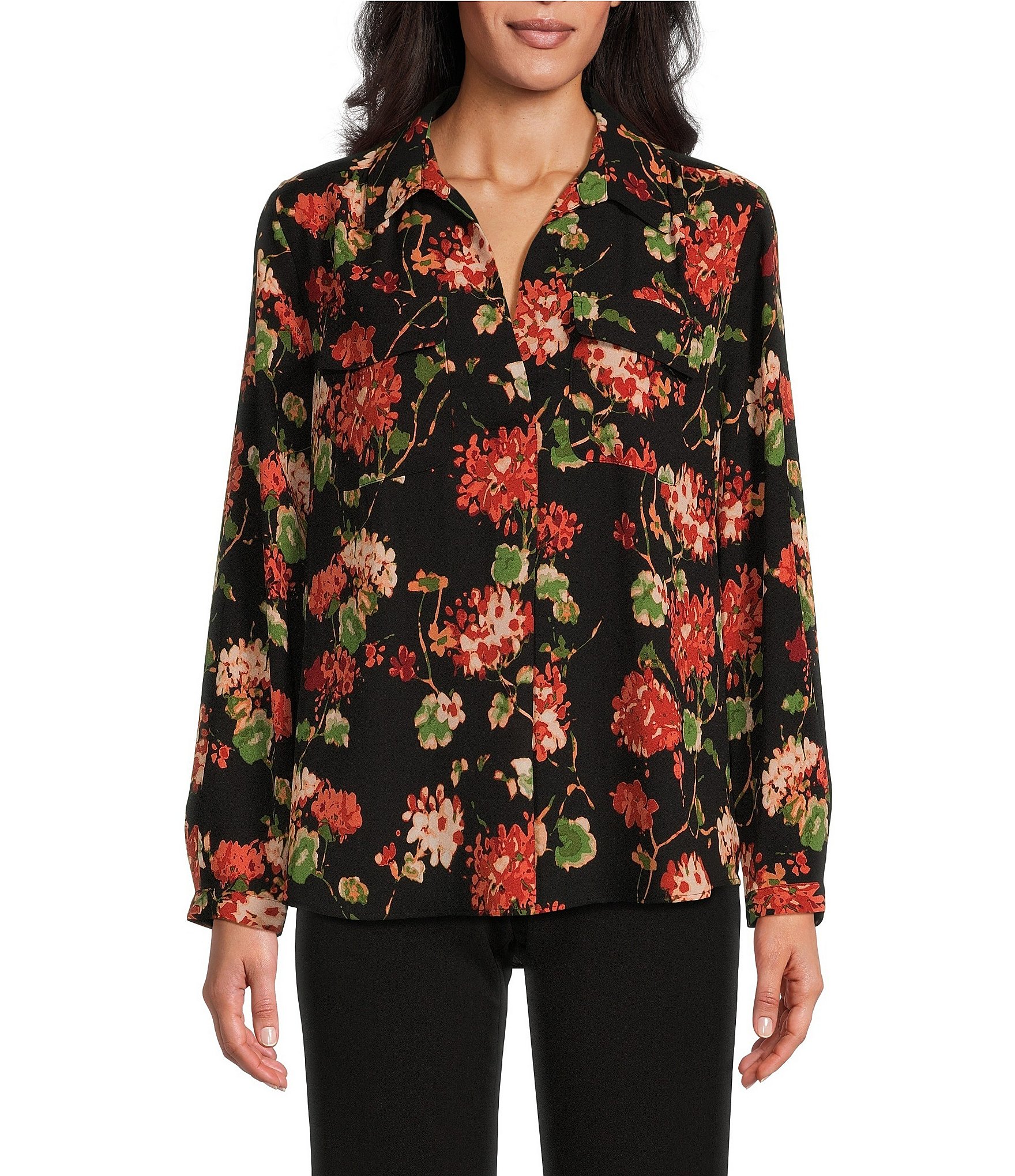 Investments Floral Print Woven Long Sleeve V-Neck One Button Closure Blouse