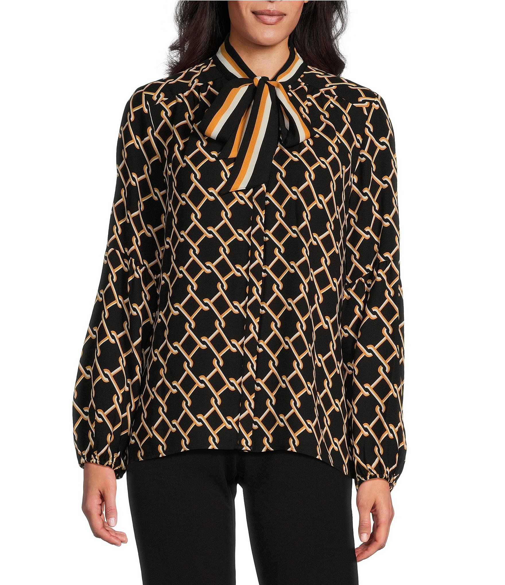 Investments Woven Long Sleeve V-Neck Tie Detail Top | Dillard's