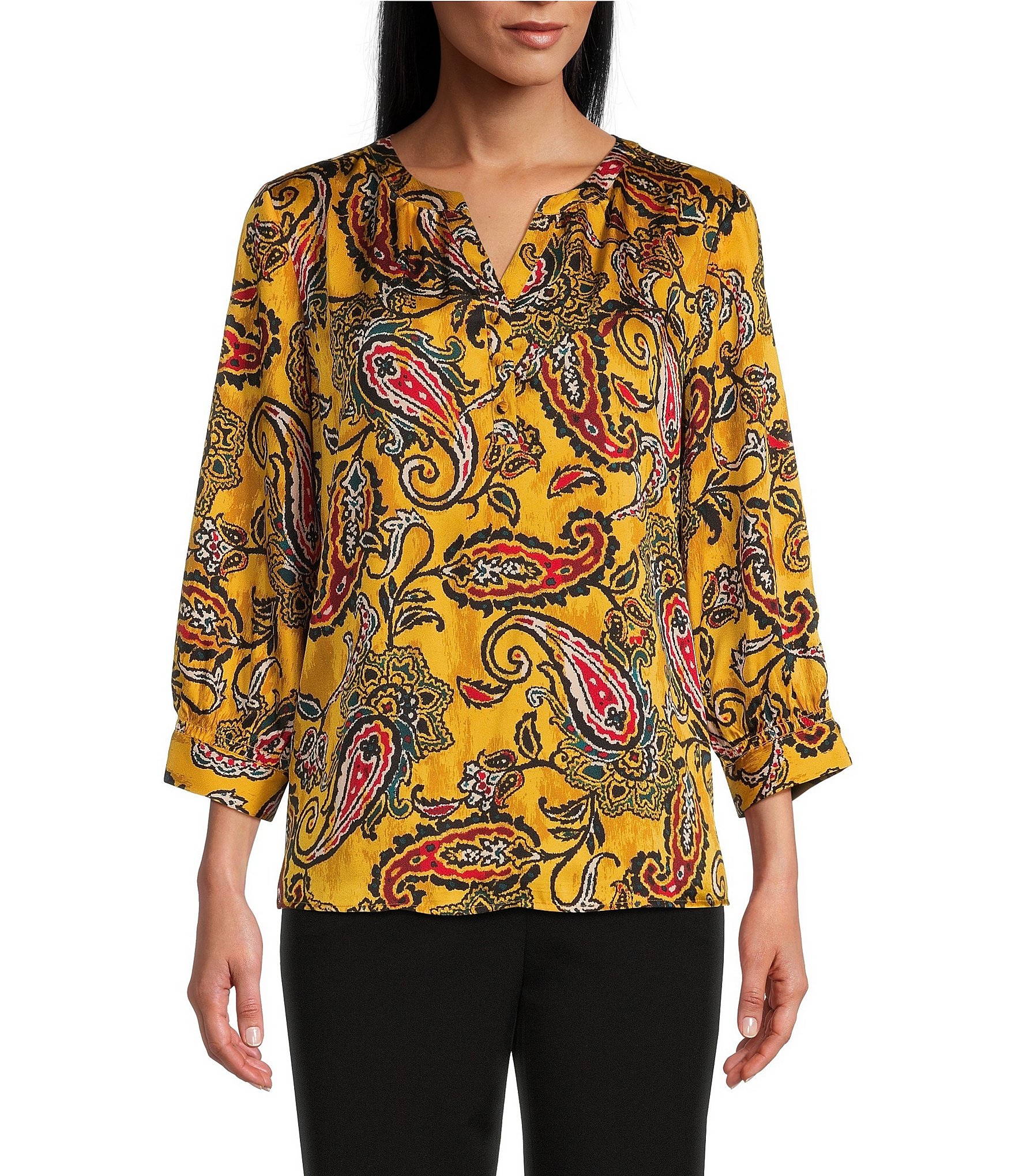 Investments Woven Spicy Paisley 3/4 Sleeve Y-Neck Placket Top | Dillard's