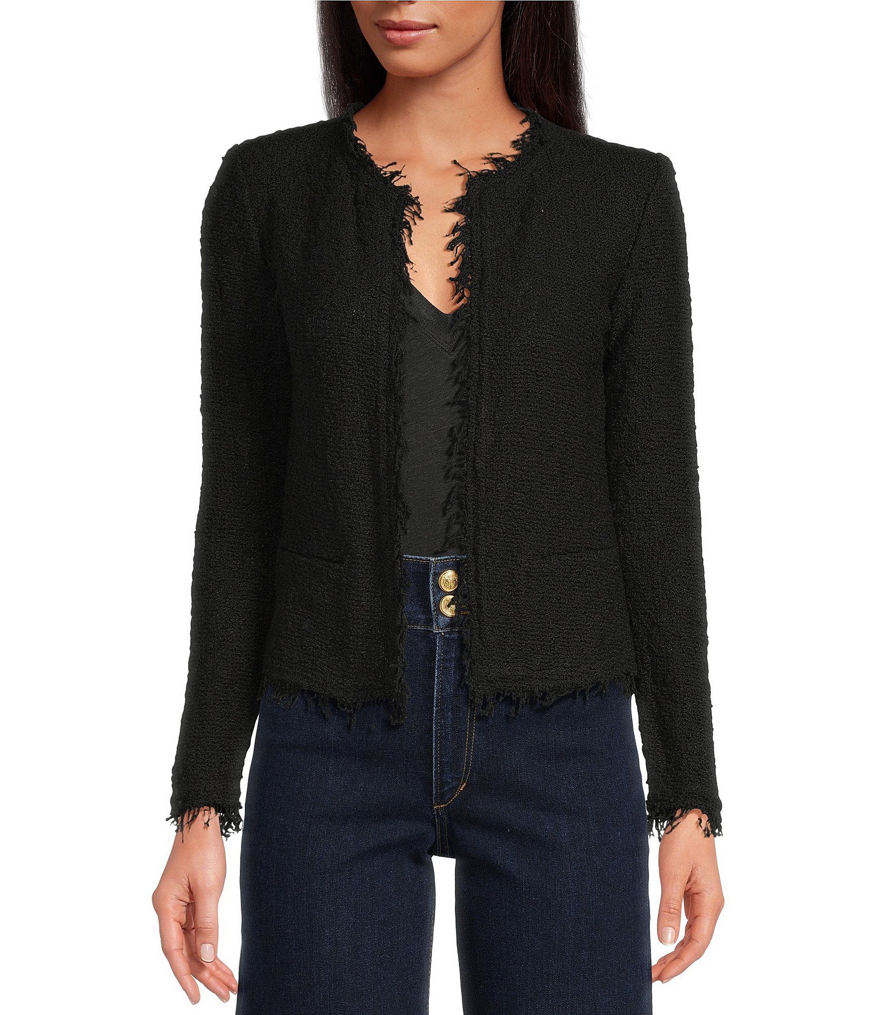 IRO Shavani Boucle Knit Fringed Edge Trim Long Sleeve Open-Front Jacket