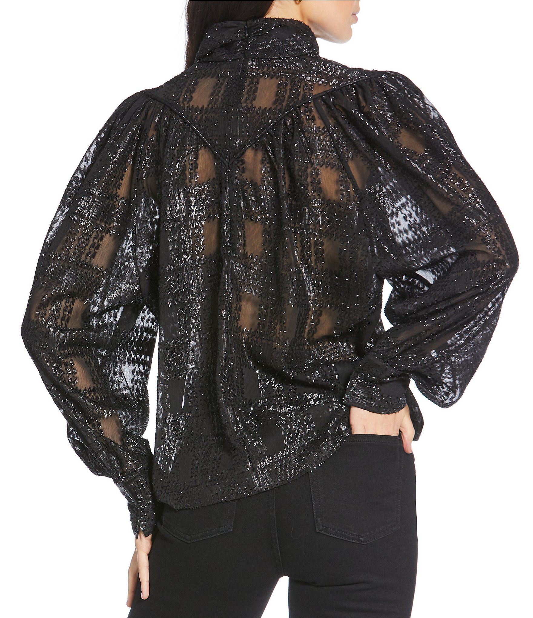 IRO Varleta Metallic Sheer Lurex High Neck Long Blouson Sleeve Blouse