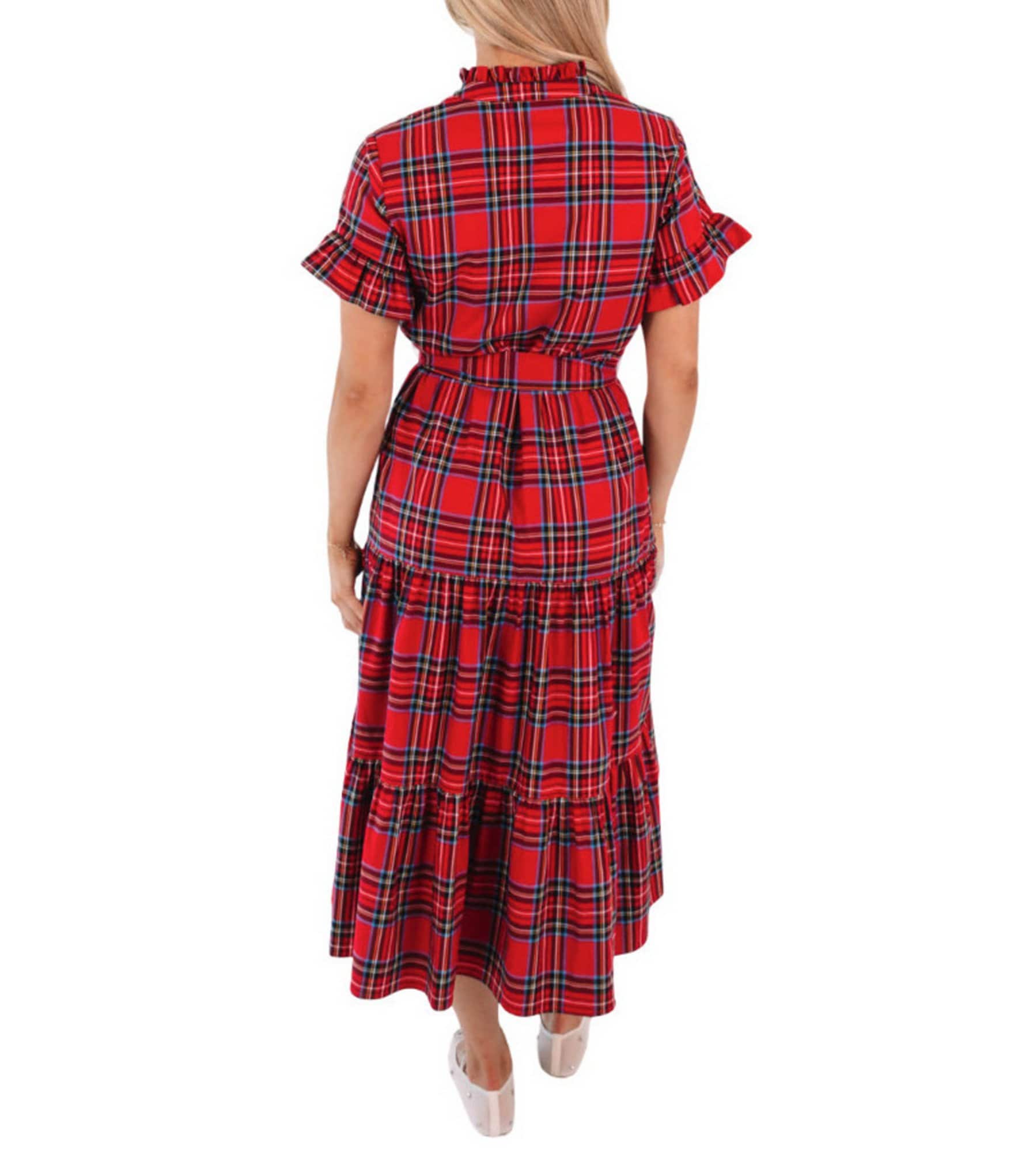 J. Marie Hollin Plaid Print Short Ruffle Sleeve Button Front Neckline Adjustable Tie Belt Midi Dress