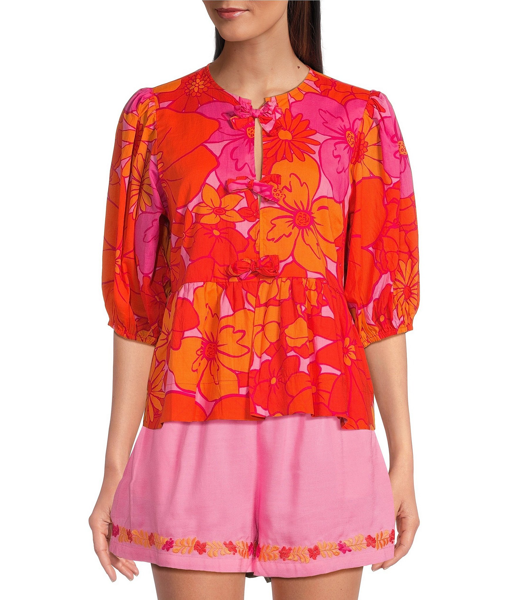 J.Marie Lizzie Round Neck 3/4 Puff Sleeve Tie Front Peplum