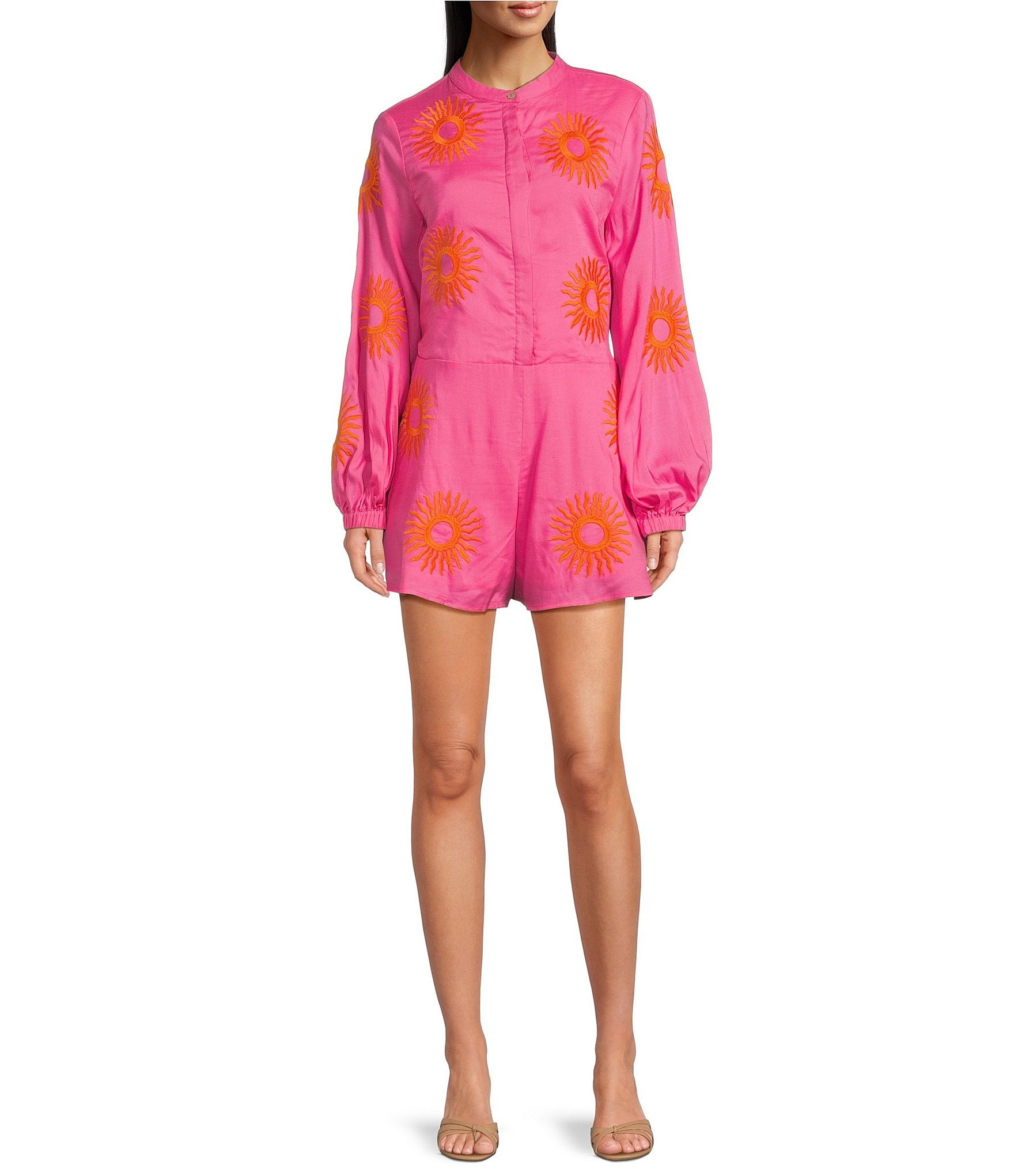 J.Marie Skylar Button Up Long Sleeve Embroidered Pocketed Romper