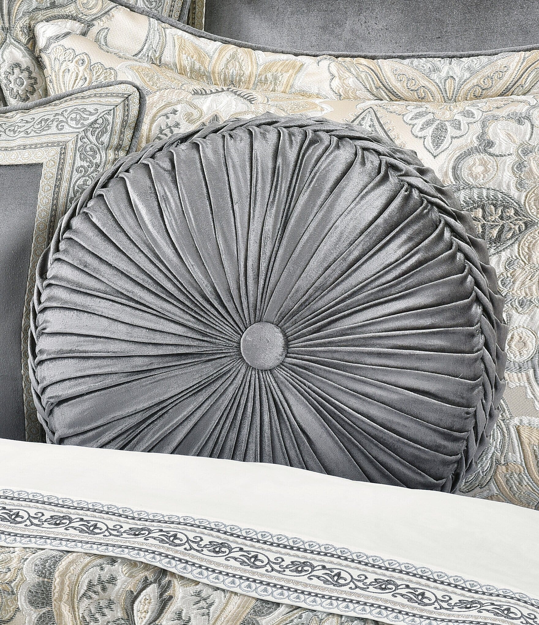 J. Queen New York Annabelle Button-Tufted Pleated Detail Velvet Round Pillow