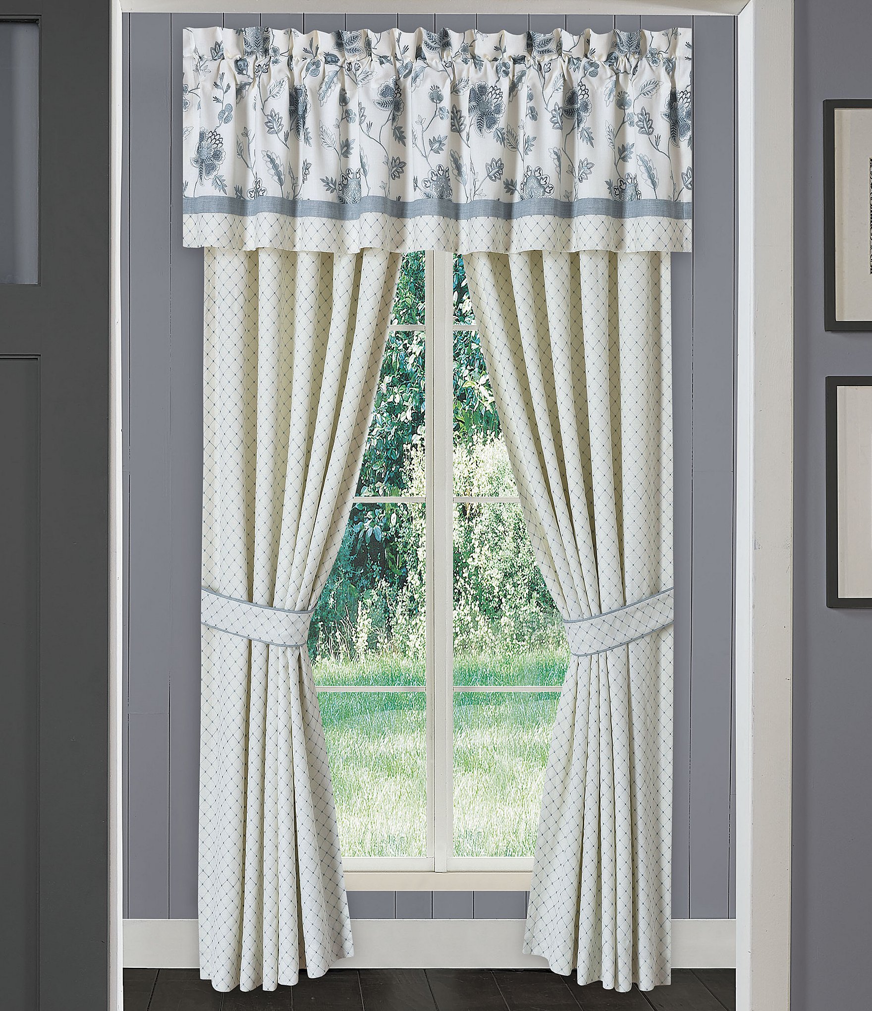 J. Queen New York Garden Textured Blue Diamond Embroidered Window Treatment
